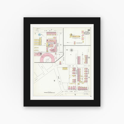 Old map wall art mockup — black gallery frame with white mat — Sanborn Fire Insurance Map from Columbia, Lancaster County, Pennsylvania (1909), Sheet #0019