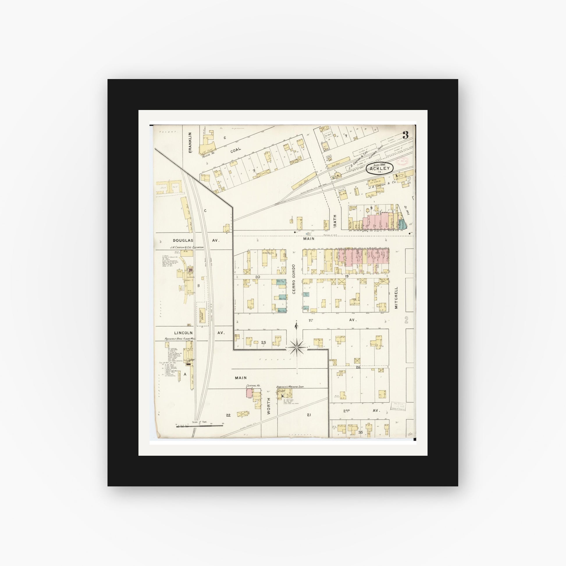 Old map wall art mockup — black gallery frame with white mat — Sanborn Fire Insurance Map from Ackley, Hardin and Franklin Counties, Iowa (1894), Sheet #0003