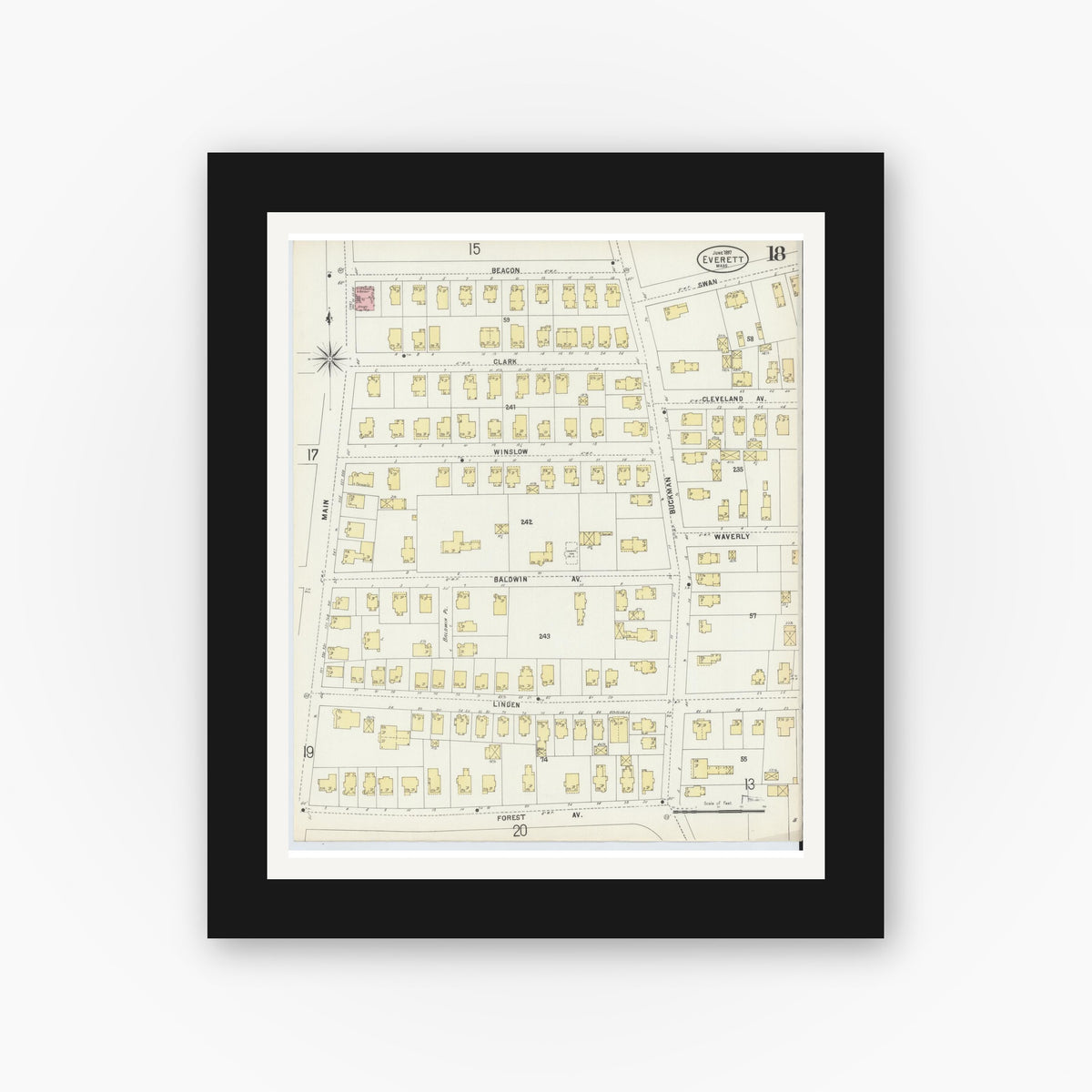 Old map wall art mockup — black gallery frame with white mat — Sanborn Fire Insurance Map from Everett, Middlesex County, Massachusetts (1897), Sheet #0018