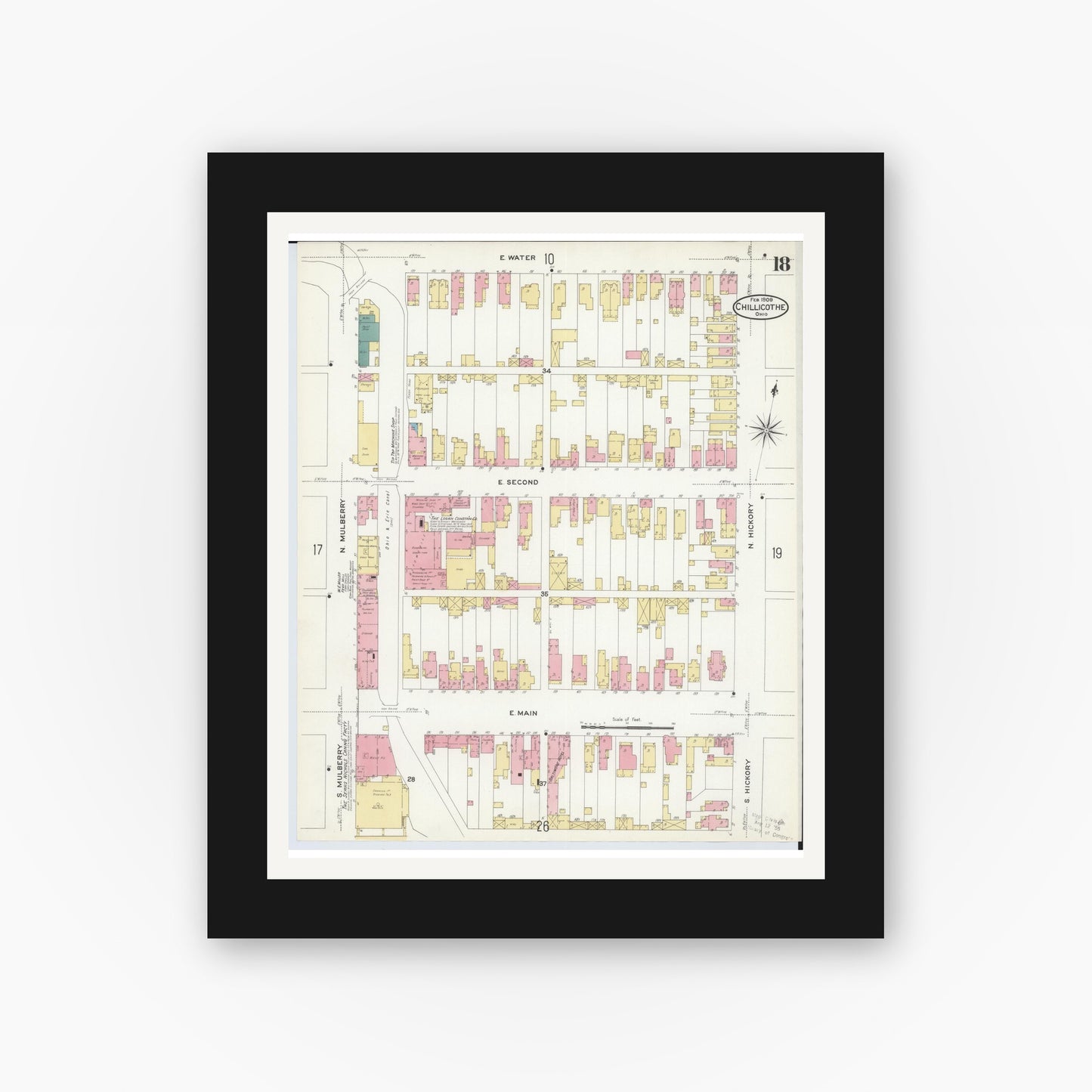 Old map wall art mockup — black gallery frame with white mat — Sanborn Fire Insurance Map from Chillicothe, Ross County, Ohio (1909), Sheet #0018
