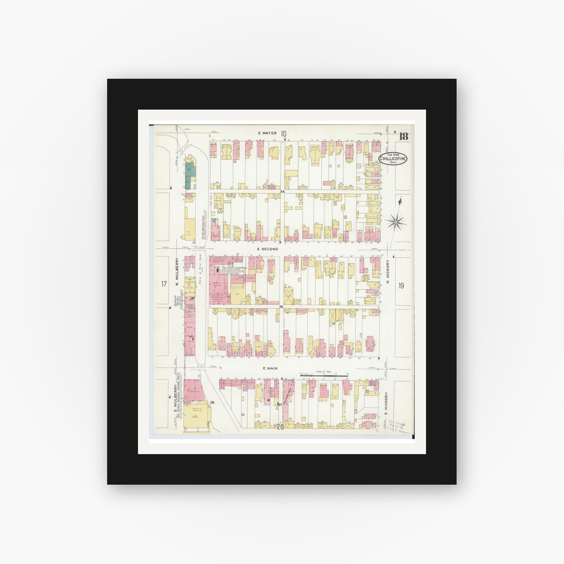 Old map wall art mockup — black gallery frame with white mat — Sanborn Fire Insurance Map from Chillicothe, Ross County, Ohio (1909), Sheet #0018