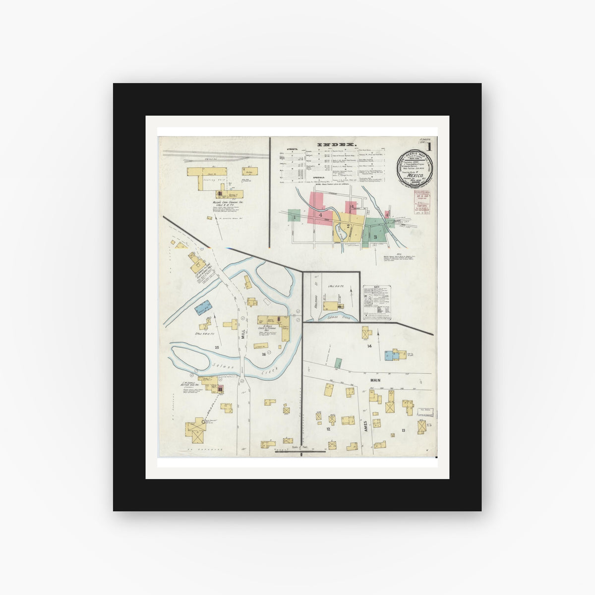 Old map wall art mockup — black gallery frame with white mat — Sanborn Fire Insurance Map from Mexico, Oswego County, New York (1899) - Complete Map Set