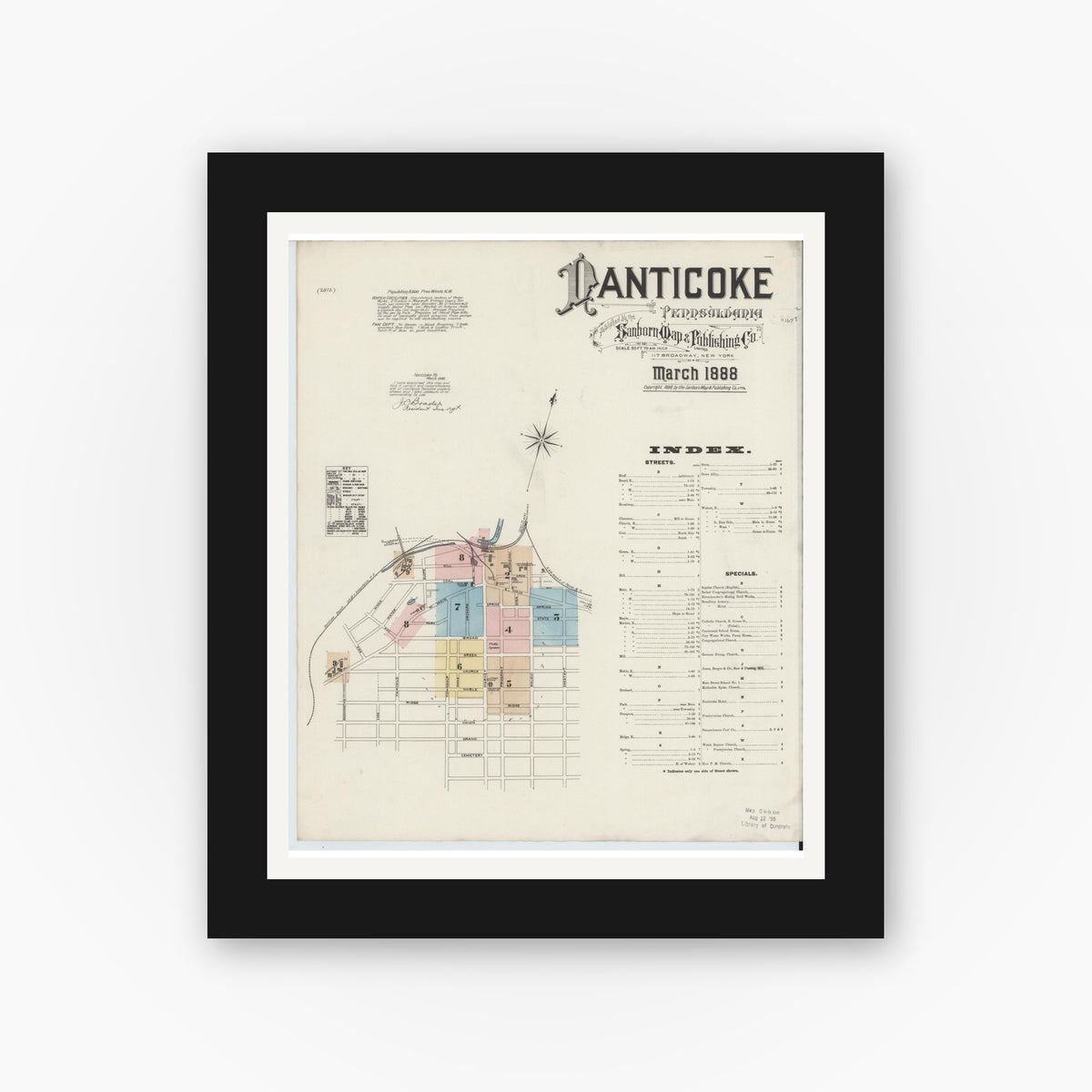 Old map wall art mockup — black gallery frame with white mat — Sanborn Fire Insurance Map from Nanticoke, Luzerne County, Pennsylvania (1888), Sheet #0001