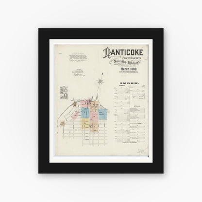 Old map wall art mockup — black gallery frame with white mat — Sanborn Fire Insurance Map from Nanticoke, Luzerne County, Pennsylvania (1888), Sheet #0001