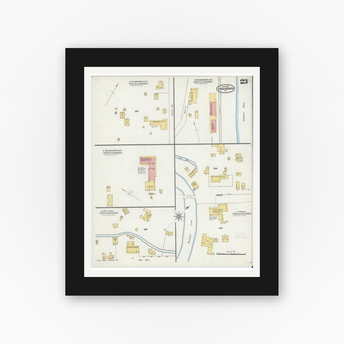 Old map wall art mockup — black gallery frame with white mat — Sanborn Fire Insurance Map from Stroudsburg, Monroe County, Pennsylvania (1905), Sheet #0023