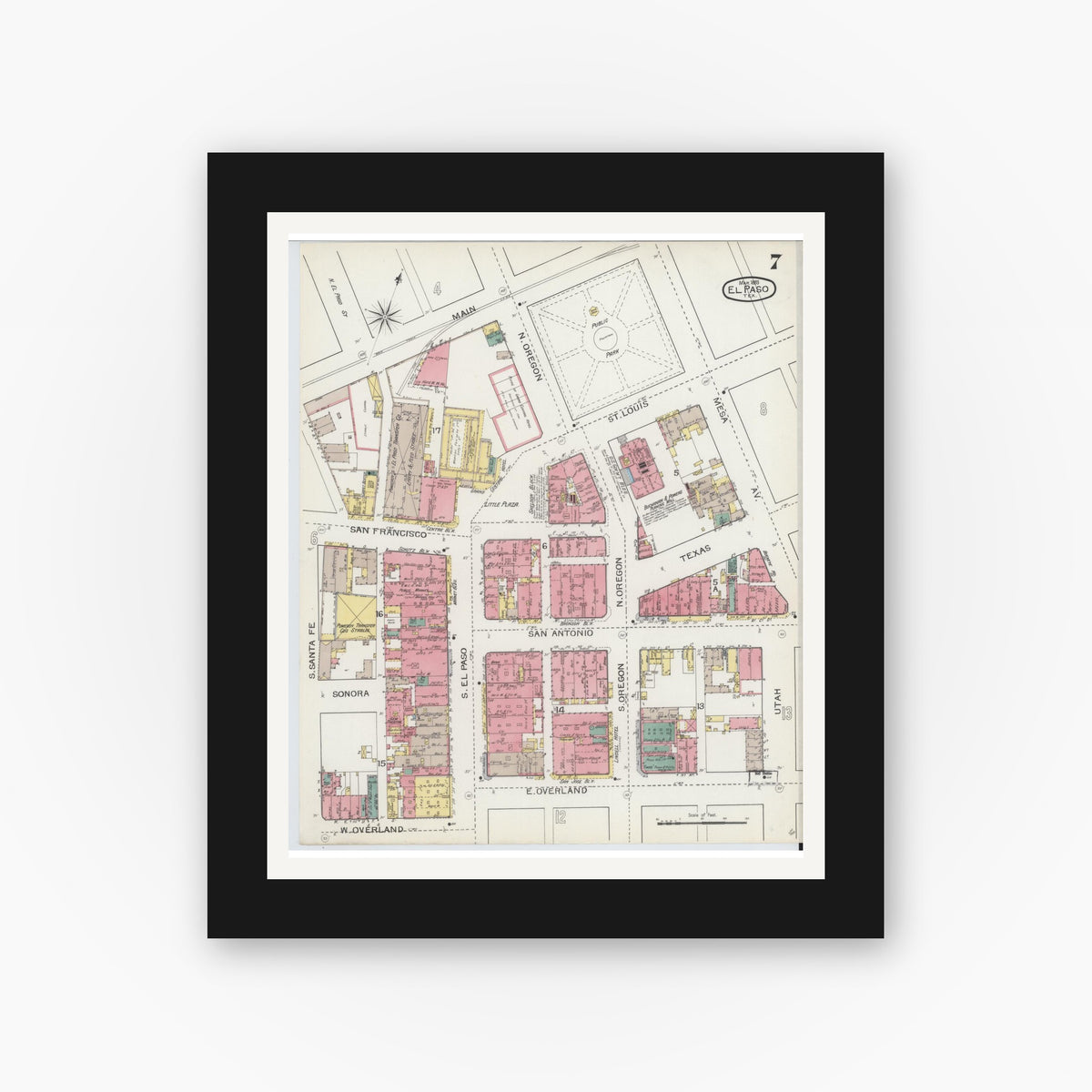 Old map wall art mockup — black gallery frame with white mat — Sanborn Fire Insurance Map from El Paso, El Paso County, Texas (1893), Sheet #0007