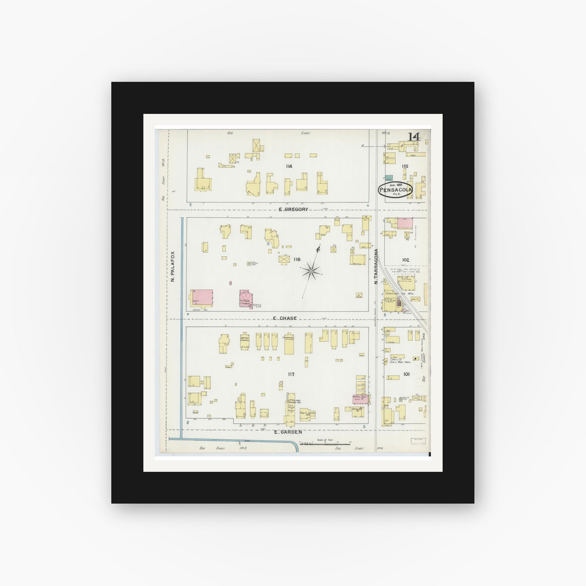 Old map wall art mockup — black gallery frame with white mat — Sanborn Fire Insurance Map from Pensacola, Escambia County, Florida (1892), Sheet #0014