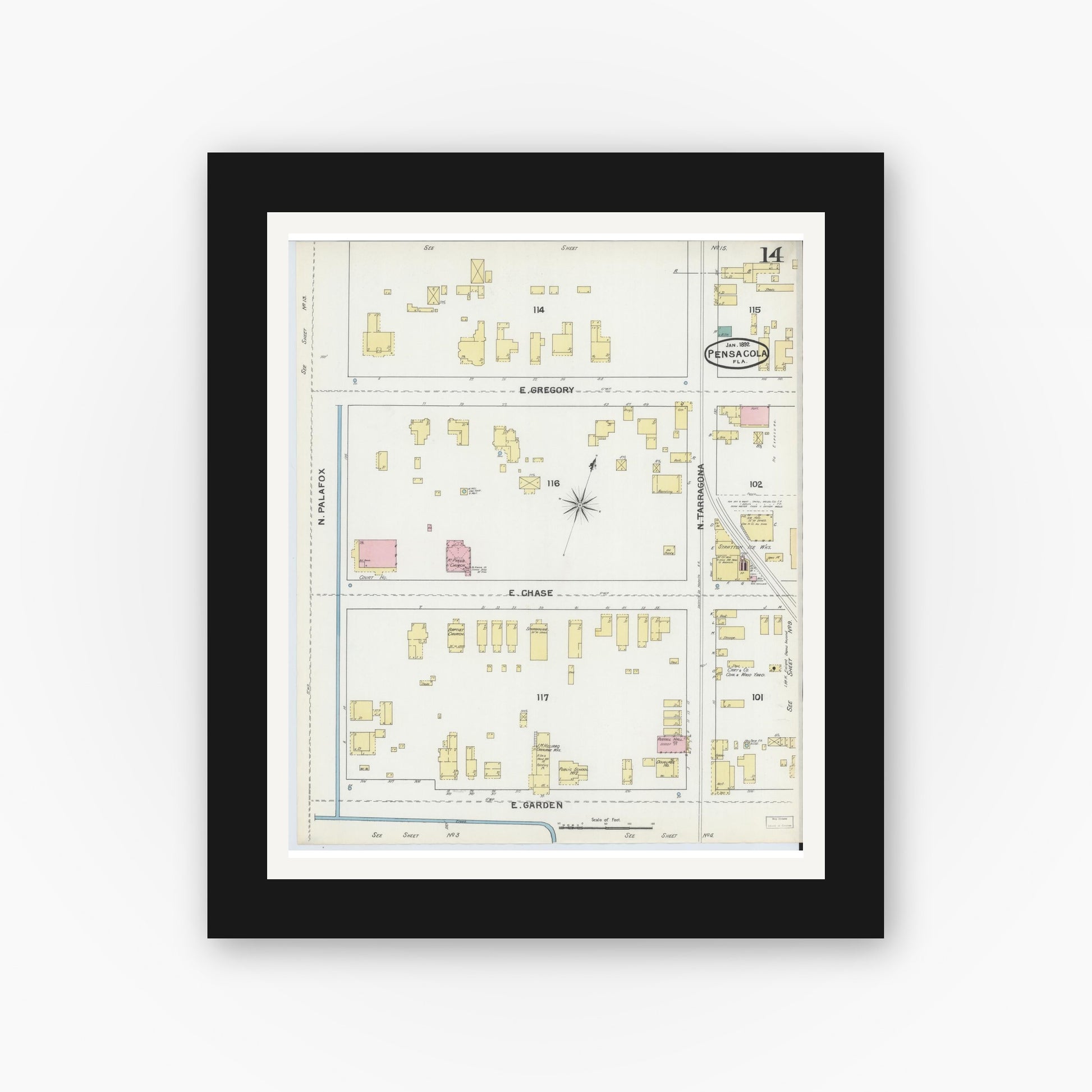 Old map wall art mockup — black gallery frame with white mat — Sanborn Fire Insurance Map from Pensacola, Escambia County, Florida (1892), Sheet #0014