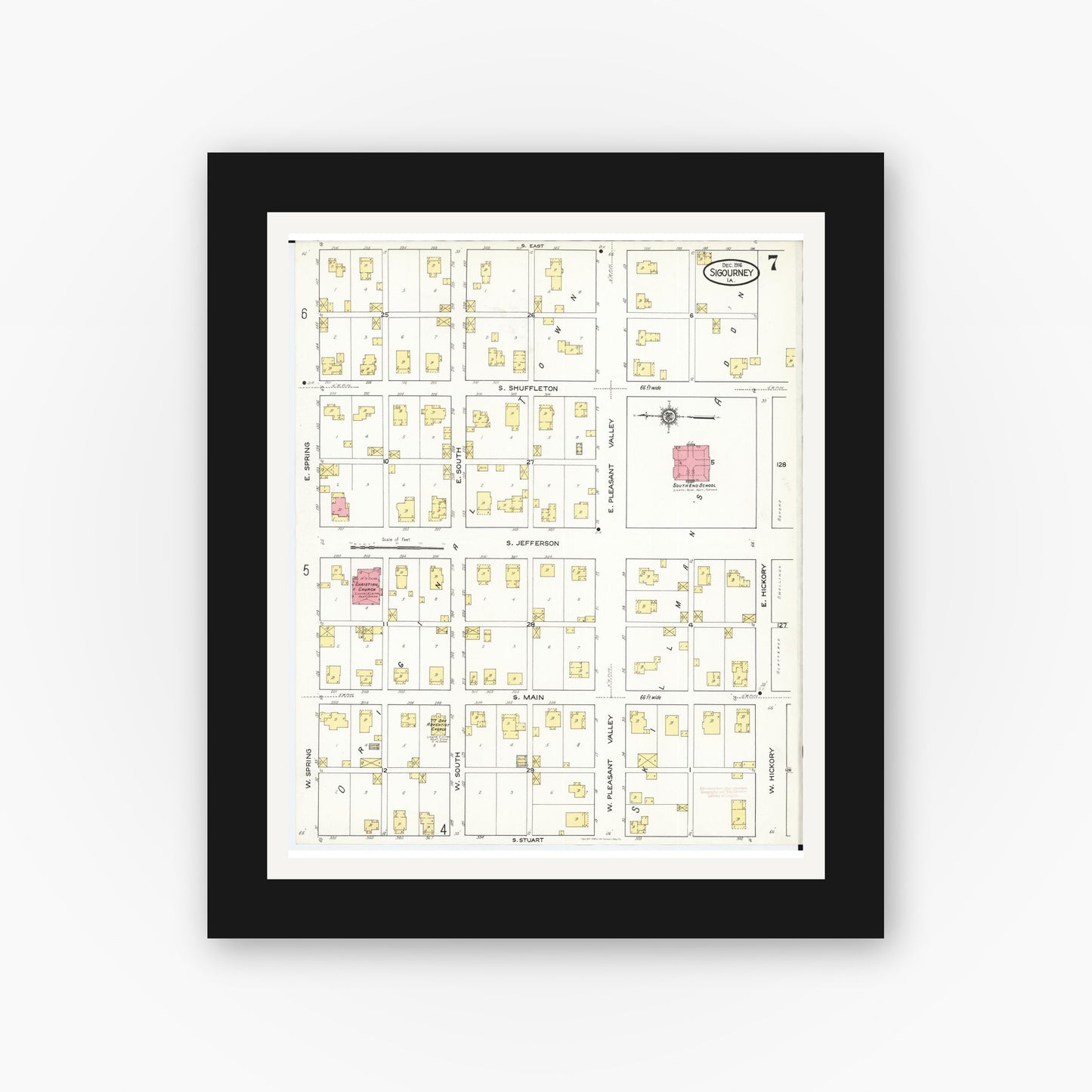 Old map wall art mockup — black gallery frame with white mat — Sanborn Fire Insurance Map from Sigourney, Kiokuk County, Iowa (1916), Sheet #0007