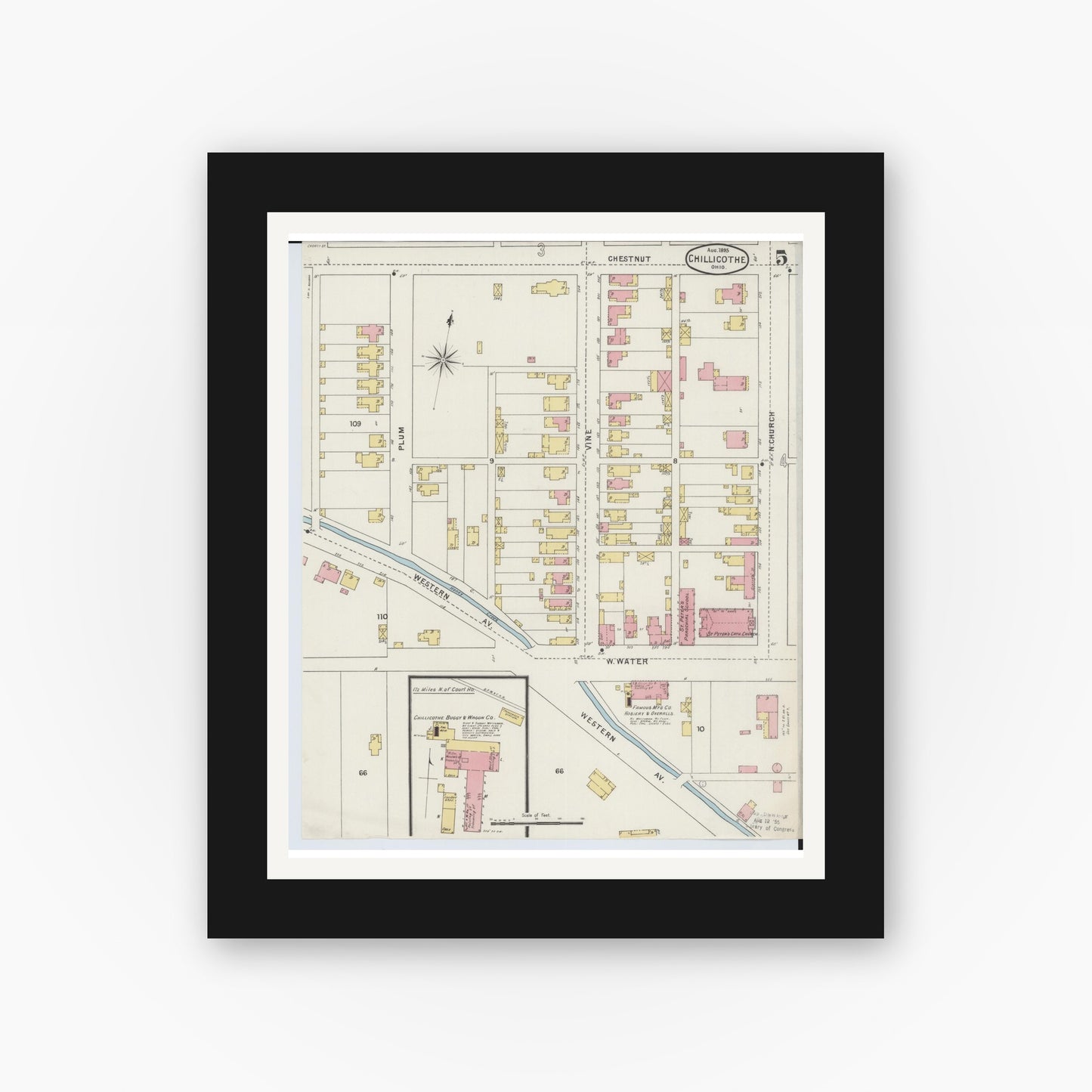 Old map wall art mockup — black gallery frame with white mat — Sanborn Fire Insurance Map from Chillicothe, Ross County, Ohio (1895), Sheet #0005