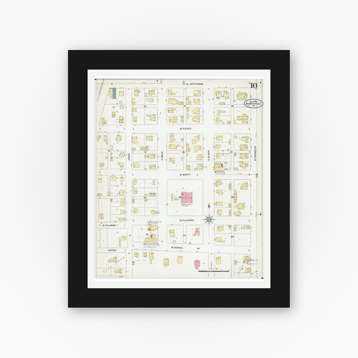 Old map wall art mockup — black gallery frame with white mat — Sanborn Fire Insurance Map from Kirksville, Adair County, Missouri (1906), Sheet #0010