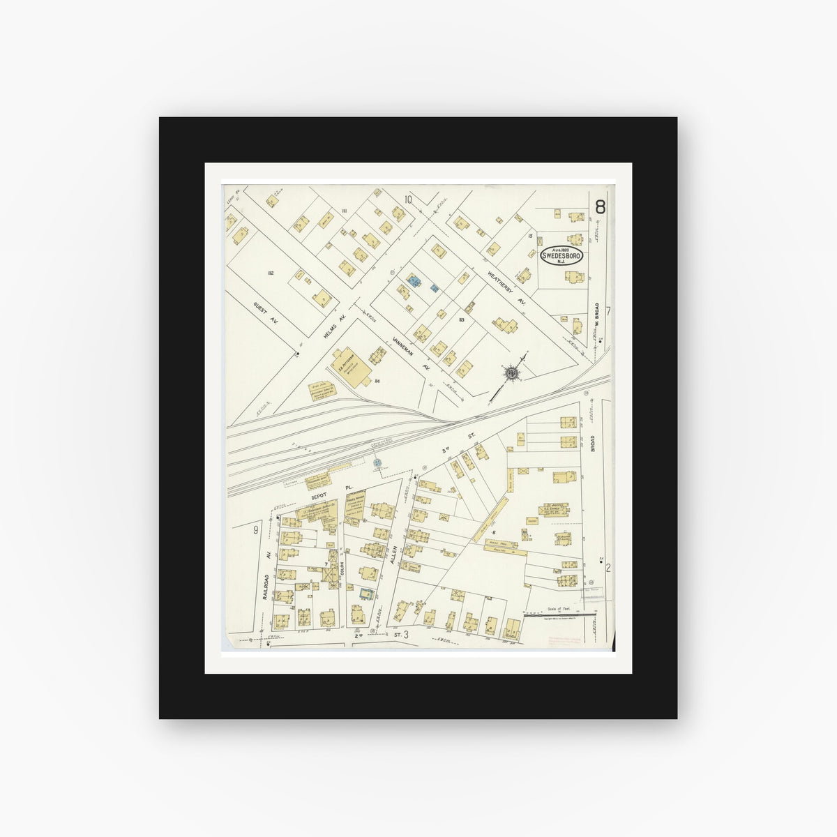Old map wall art mockup — black gallery frame with white mat — Sanborn Fire Insurance Map from Swedesboro, Gloucester County, New Jersey (1920), Sheet #0008
