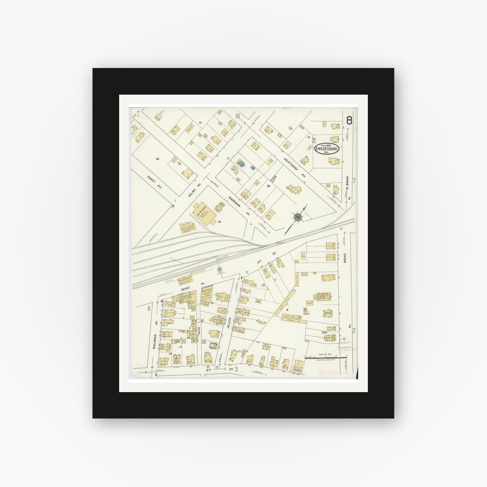 Old map wall art mockup — black gallery frame with white mat — Sanborn Fire Insurance Map from Swedesboro, Gloucester County, New Jersey (1920), Sheet #0008