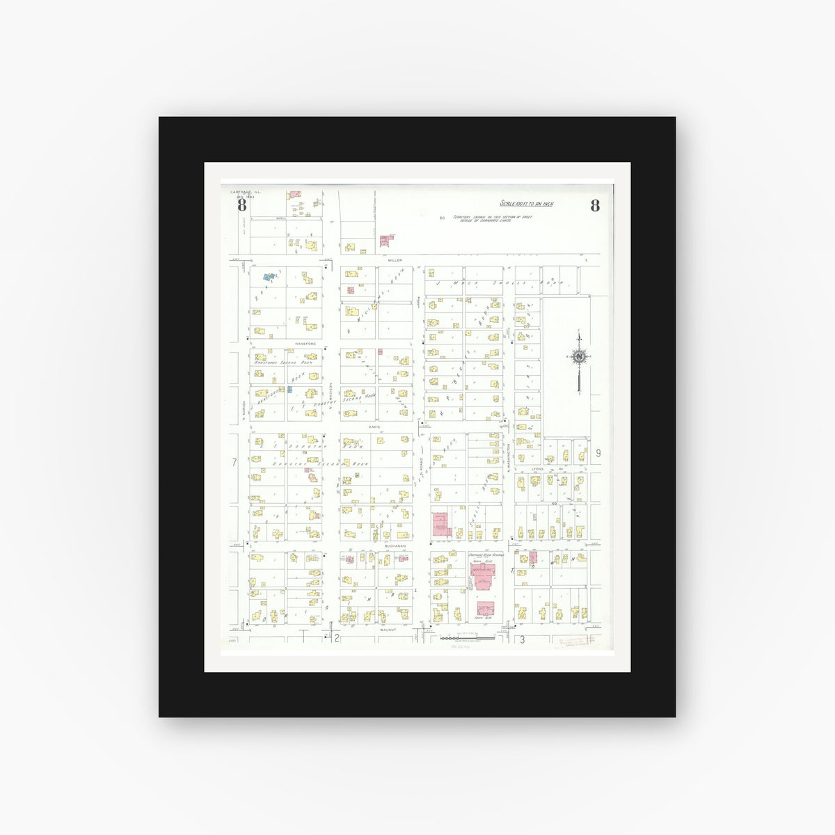 Old map wall art mockup — black gallery frame with white mat — Sanborn Fire Insurance Map from Carthage, Hancock County, Illinois (1943), Sheet #0008