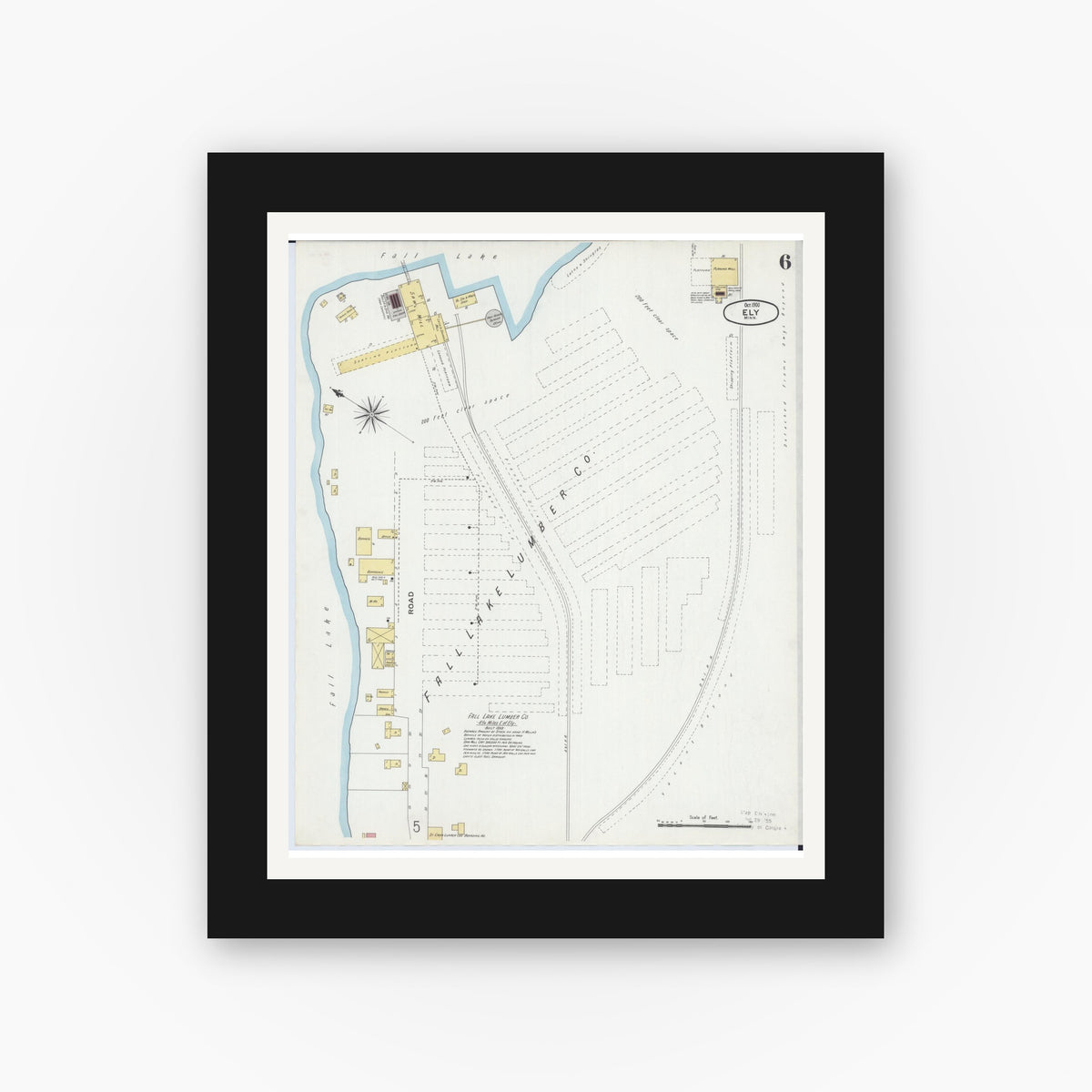 Old map wall art mockup — black gallery frame with white mat — Sanborn Fire Insurance Map from Ely, Saint Louis County, Minnesota (1900), Sheet #0006