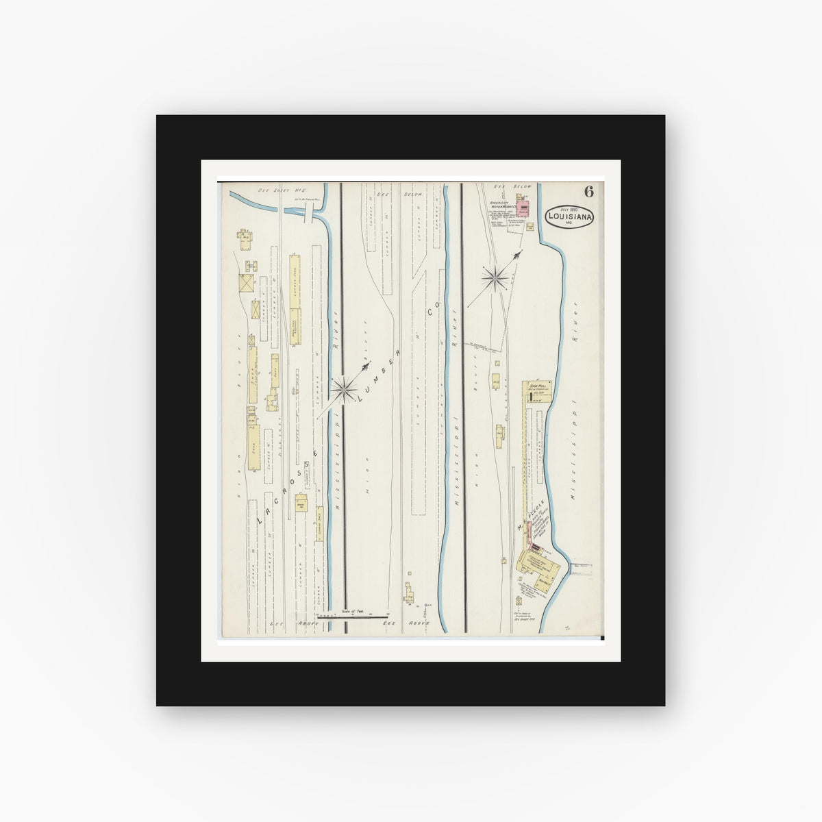 Old map wall art mockup — black gallery frame with white mat — Sanborn Fire Insurance Map from Louisiana, Pike County, Missouri (1890), Sheet #0006