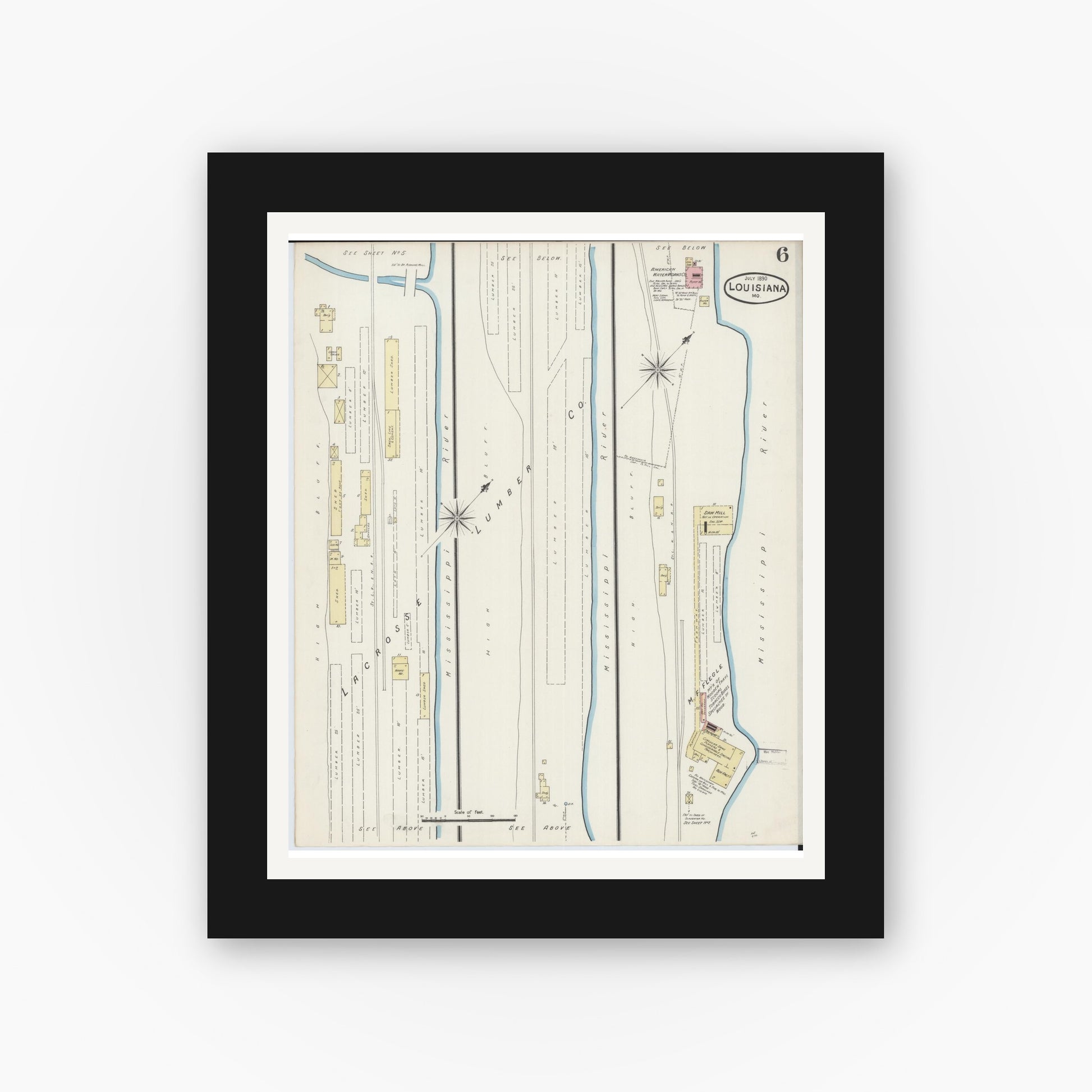 Old map wall art mockup — black gallery frame with white mat — Sanborn Fire Insurance Map from Louisiana, Pike County, Missouri (1890), Sheet #0006