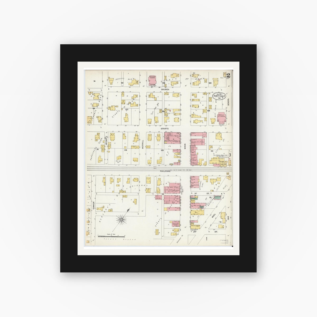Old map wall art mockup — black gallery frame with white mat — Sanborn Fire Insurance Map from Fortville, Hancock County, Indiana (1903), Sheet #0002