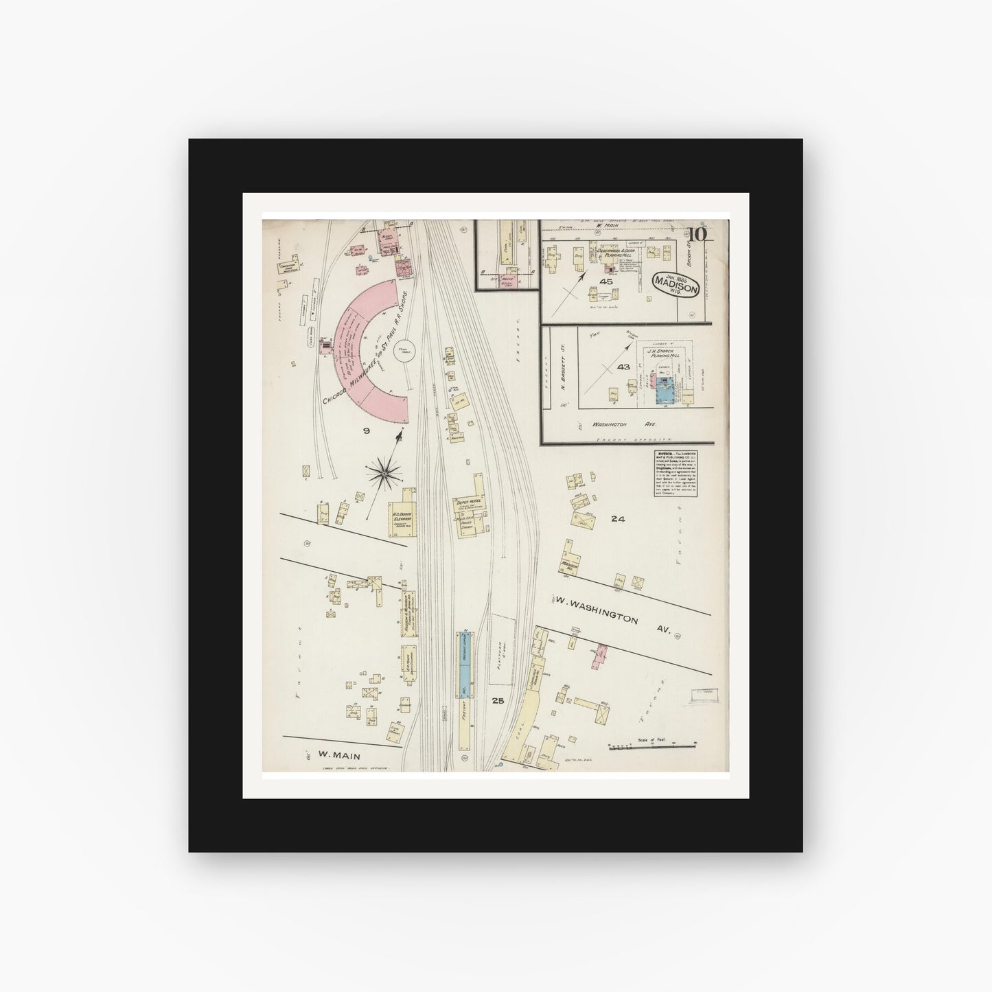 Old map wall art mockup — black gallery frame with white mat — Sanborn Fire Insurance Map from Madison, Dane County, Wisconsin (1885), Sheet #0010