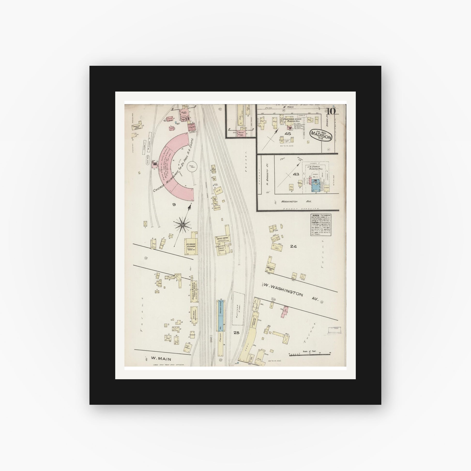 Old map wall art mockup — black gallery frame with white mat — Sanborn Fire Insurance Map from Madison, Dane County, Wisconsin (1885), Sheet #0010