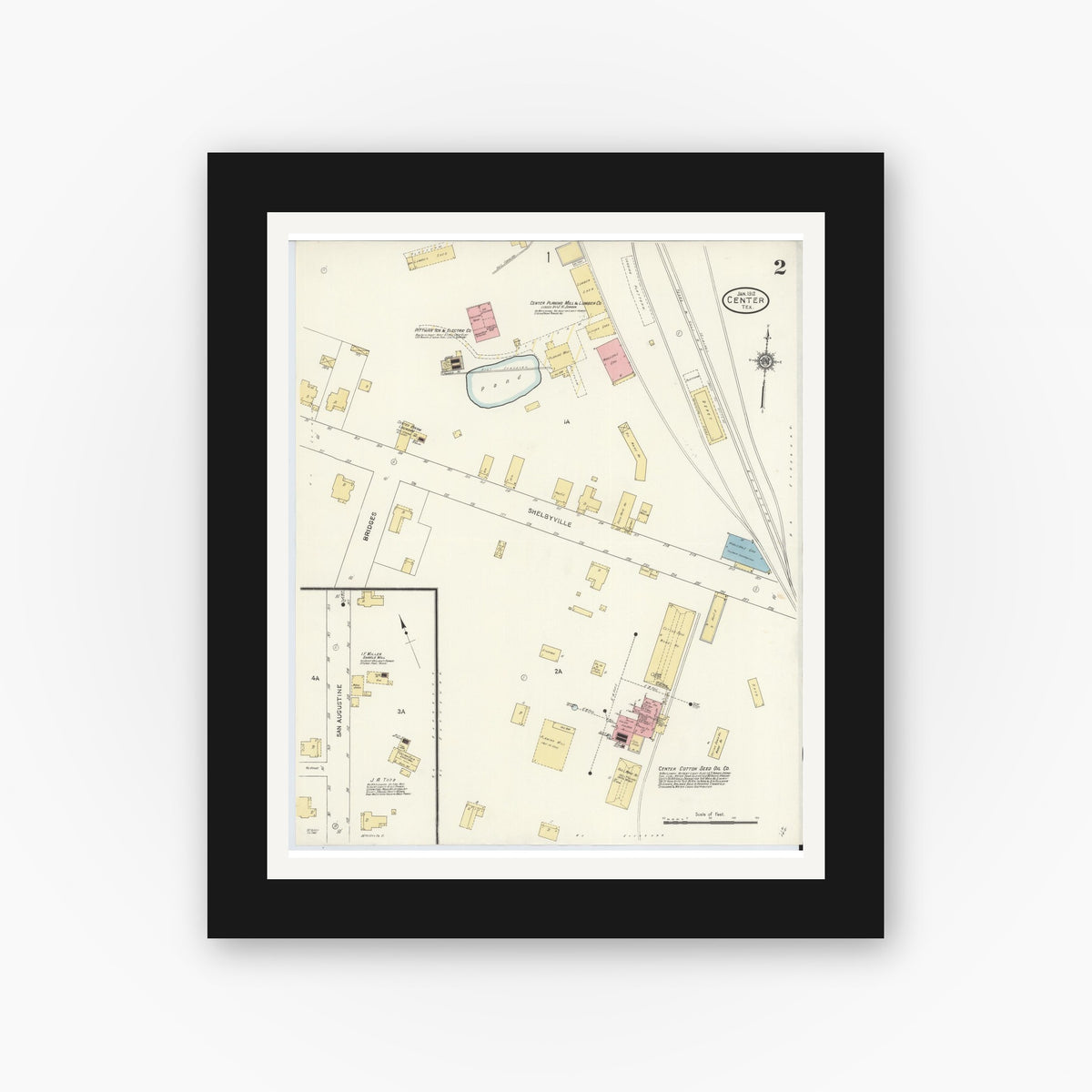 Old map wall art mockup — black gallery frame with white mat — Sanborn Fire Insurance Map from Center, Shelby County, Texas (1912), Sheet #0002