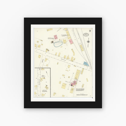 Old map wall art mockup — black gallery frame with white mat — Sanborn Fire Insurance Map from Center, Shelby County, Texas (1912), Sheet #0002
