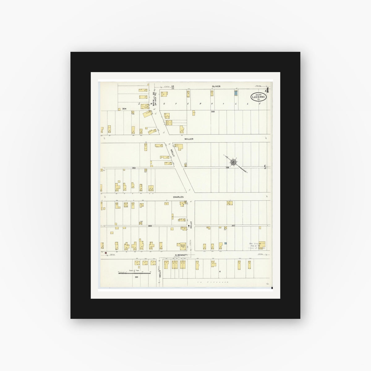 Old map wall art mockup — black gallery frame with white mat — Sanborn Fire Insurance Map from Luzerne, Luzerne County, Pennsylvania (1911), Sheet #0004