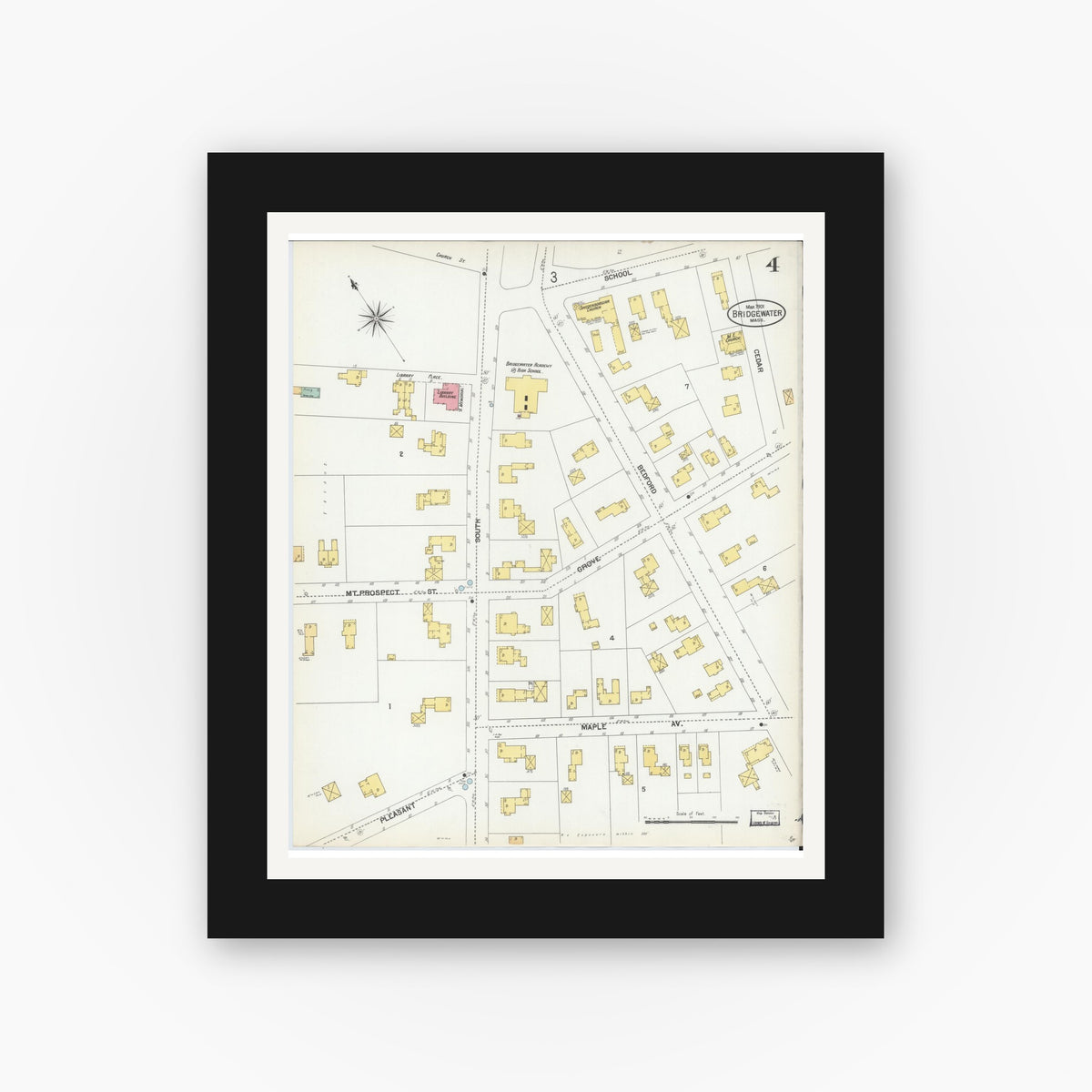 Old map wall art mockup — black gallery frame with white mat — Sanborn Fire Insurance Map from Bridgewater, Plymouth County, Massachusetts (1901), Sheet #0004