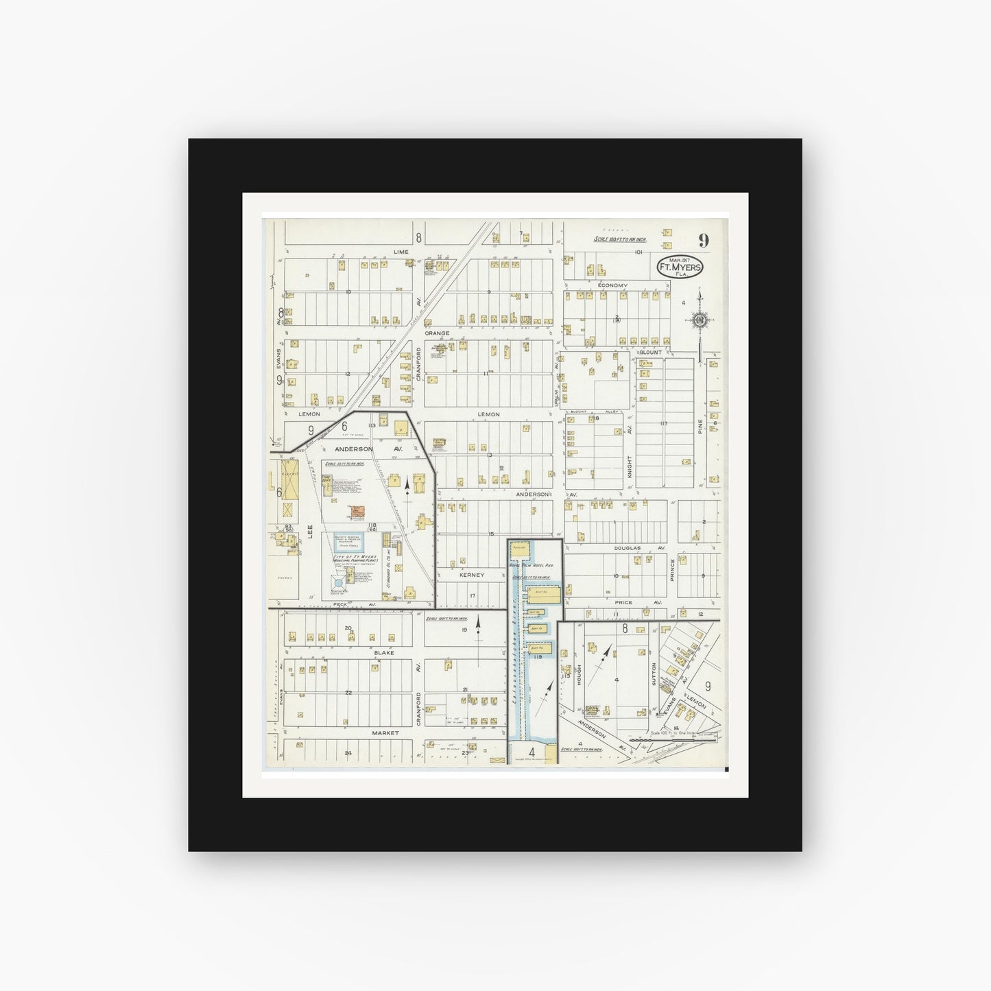 Old map wall art mockup — black gallery frame with white mat — Sanborn Fire Insurance Map from Fort Myers, Lee County, Florida (1917), Sheet #0009