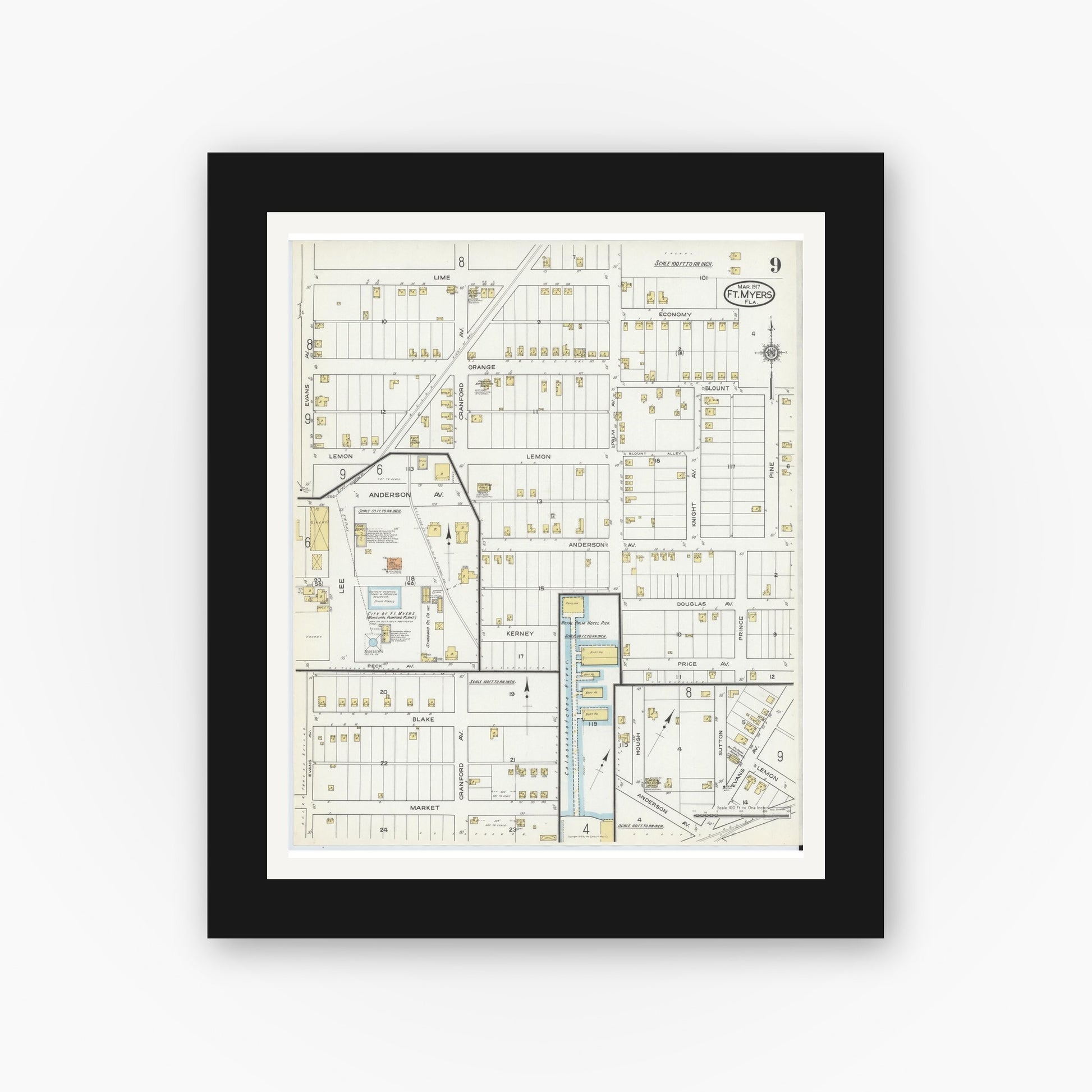 Old map wall art mockup — black gallery frame with white mat — Sanborn Fire Insurance Map from Fort Myers, Lee County, Florida (1917), Sheet #0009