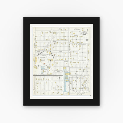Old map wall art mockup — black gallery frame with white mat — Sanborn Fire Insurance Map from Fort Myers, Lee County, Florida (1917), Sheet #0009