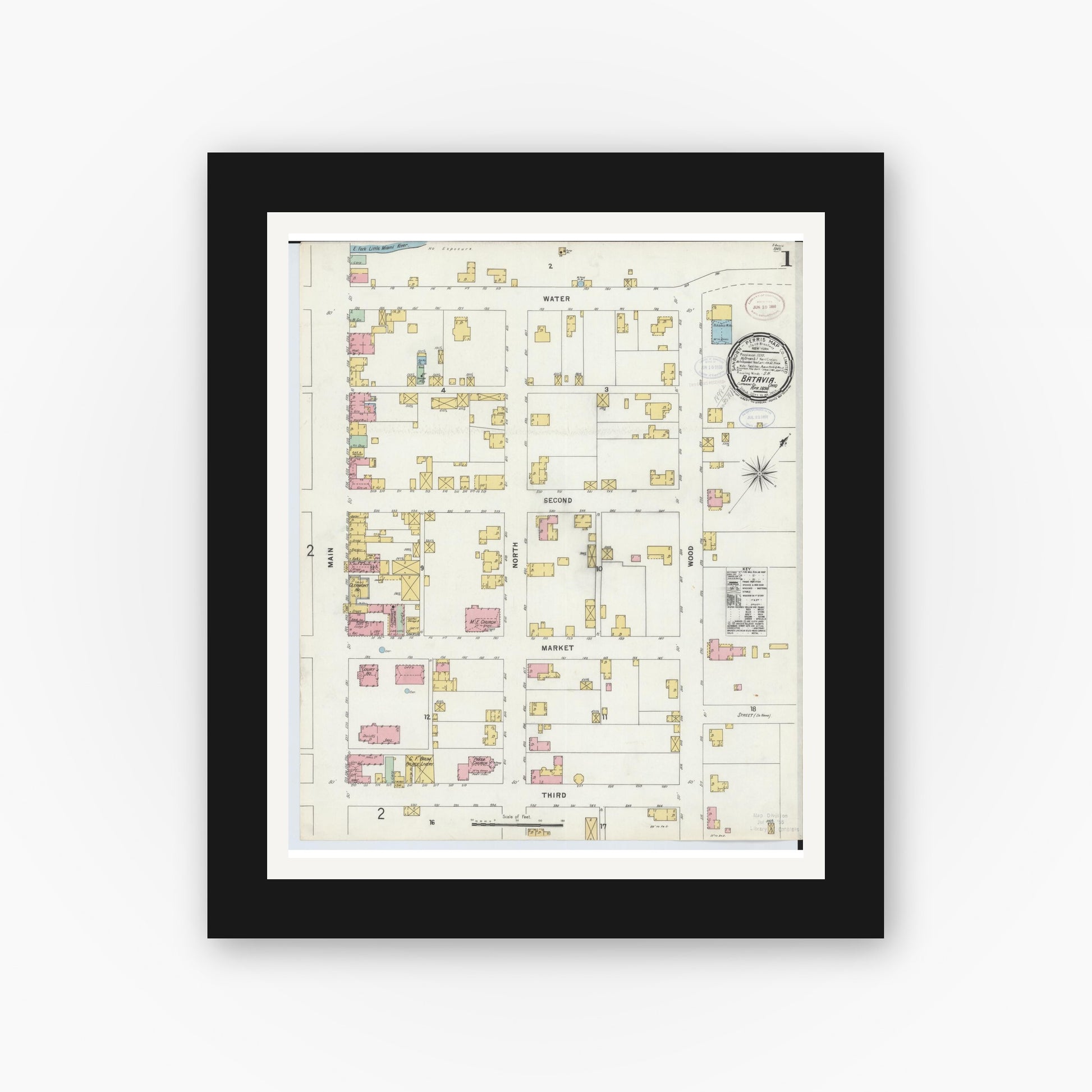 Old map wall art mockup — black gallery frame with white mat — Sanborn Fire Insurance Map from Batavia, Clermont County, Ohio (1898), Sheet #0001