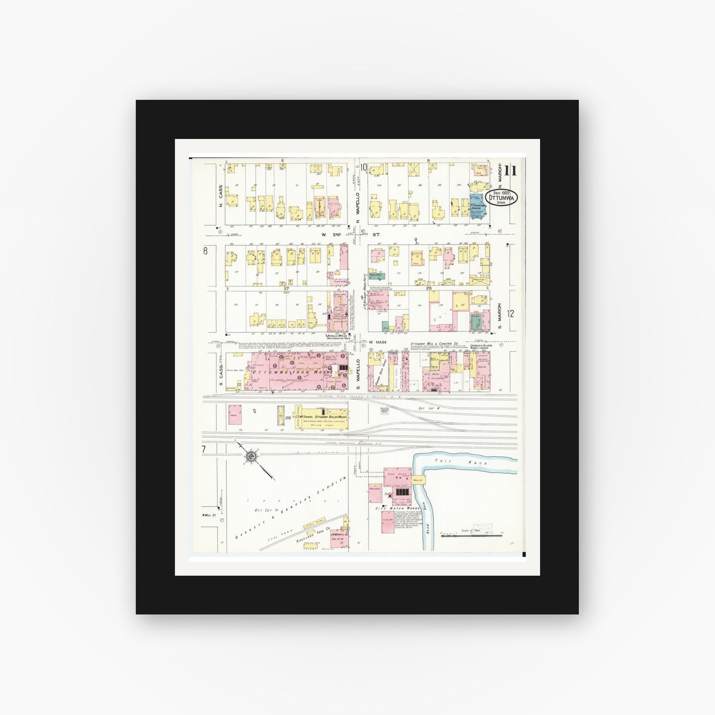 Old map wall art mockup — black gallery frame with white mat — Sanborn Fire Insurance Map from Ottumwa, Wapello County, Iowa (1909), Sheet #0011