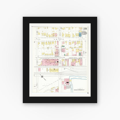 Old map wall art mockup — black gallery frame with white mat — Sanborn Fire Insurance Map from Ottumwa, Wapello County, Iowa (1909), Sheet #0011