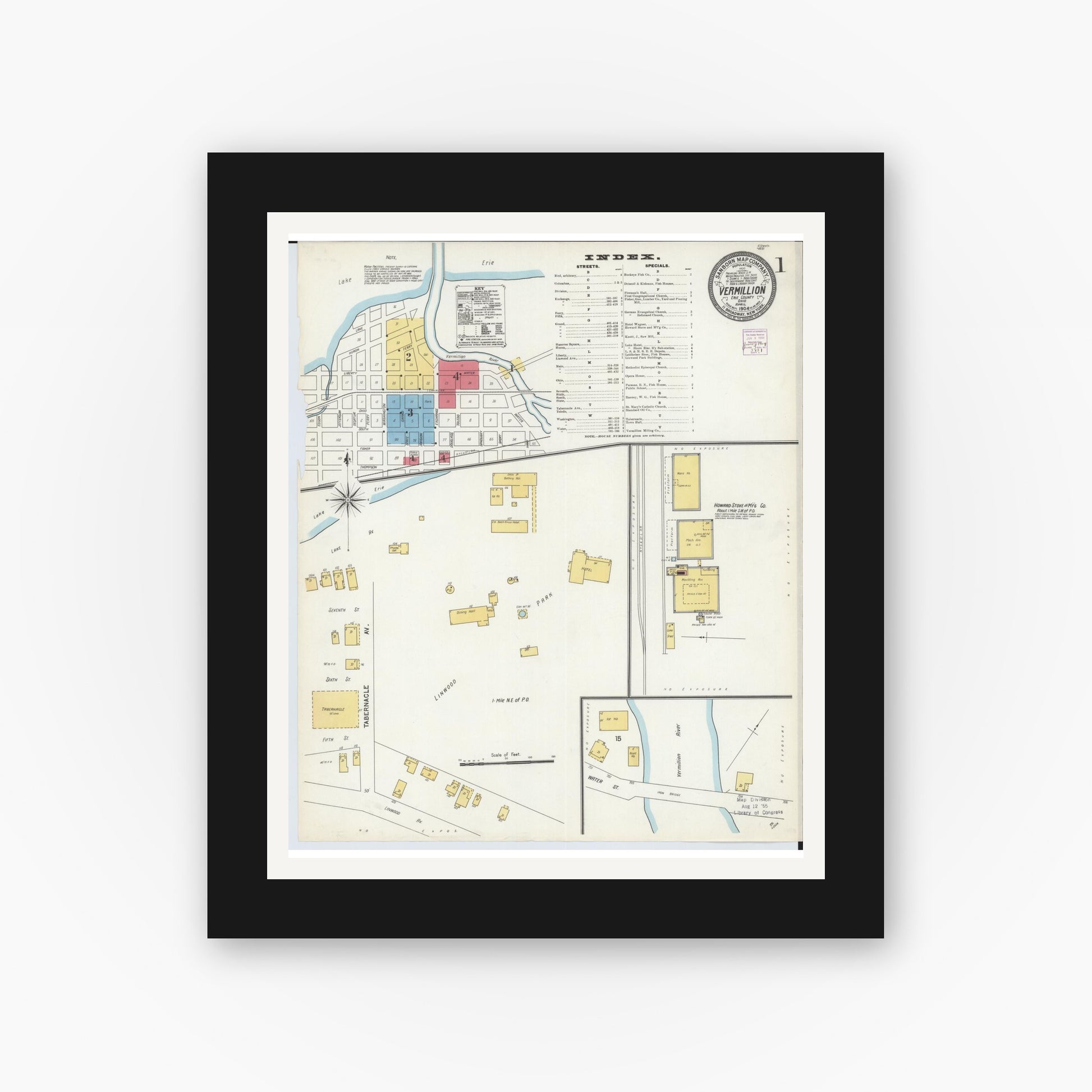 Old map wall art mockup — black gallery frame with white mat — Sanborn Fire Insurance Map from Vermillion, Erie County, Ohio (1904) - Complete Map Set
