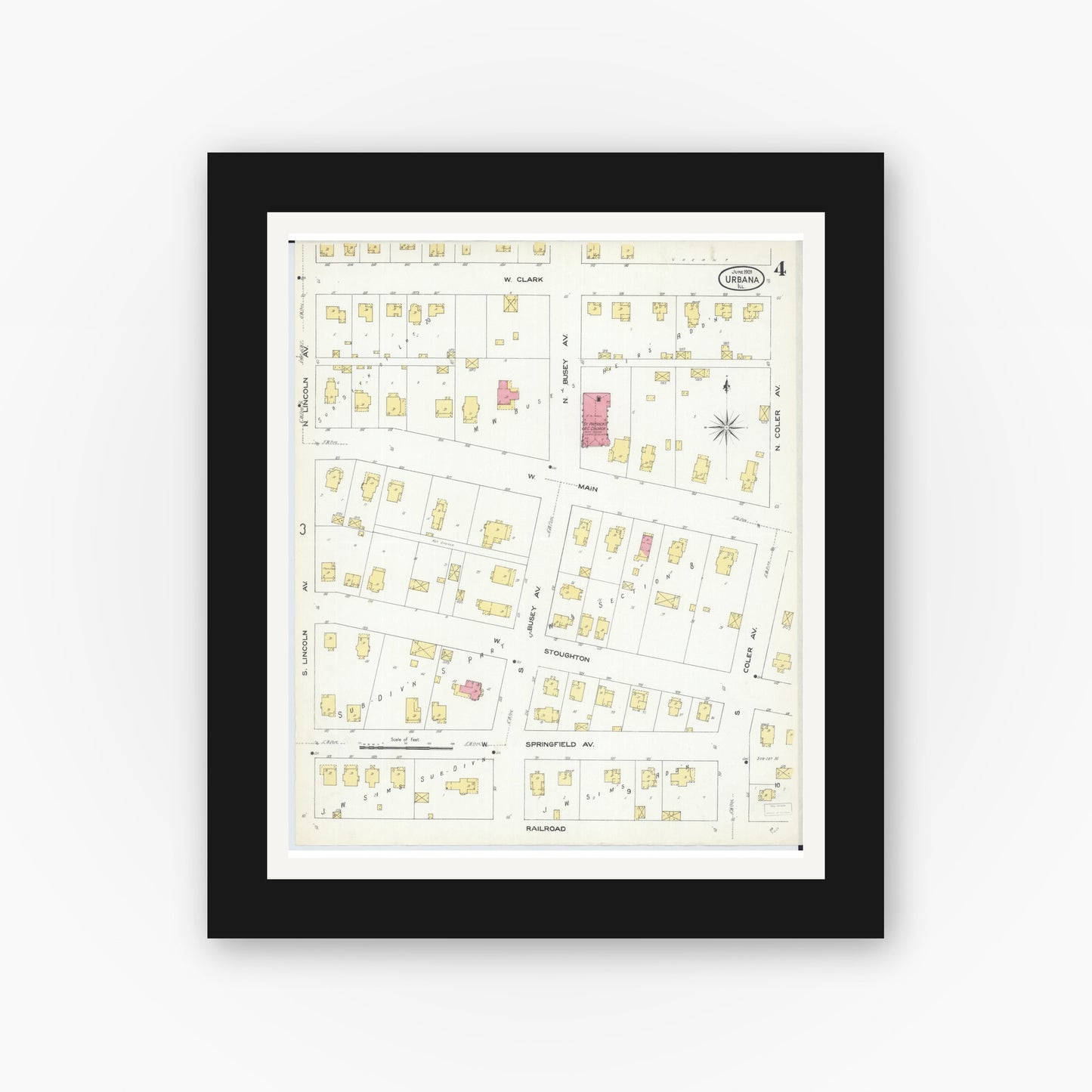 Old map wall art mockup — black gallery frame with white mat — Sanborn Fire Insurance Map from Urbana, Champaign County, Illinois (1909), Sheet #0004