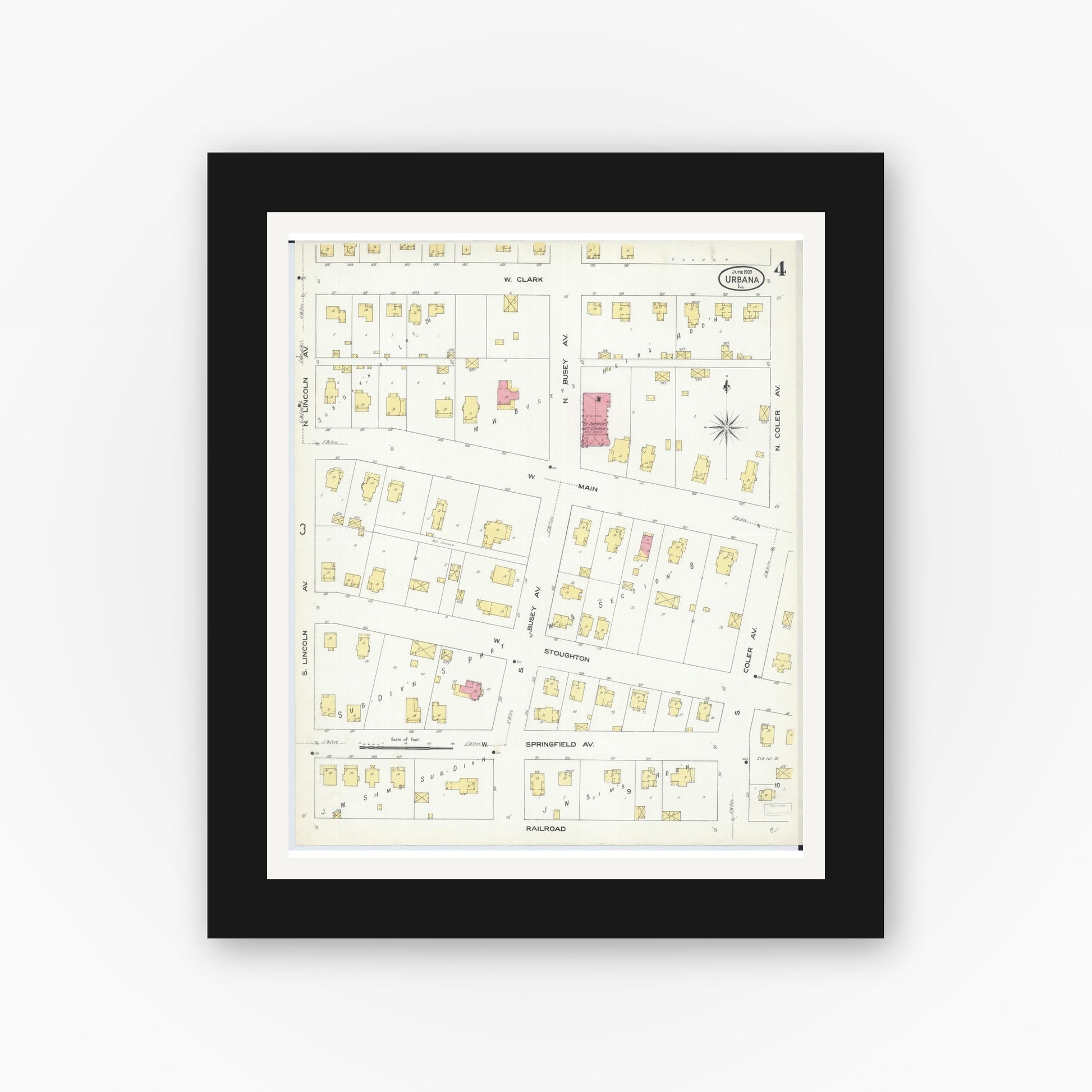 Old map wall art mockup — black gallery frame with white mat — Sanborn Fire Insurance Map from Urbana, Champaign County, Illinois (1909), Sheet #0004