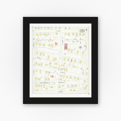 Old map wall art mockup — black gallery frame with white mat — Sanborn Fire Insurance Map from Urbana, Champaign County, Illinois (1909), Sheet #0004