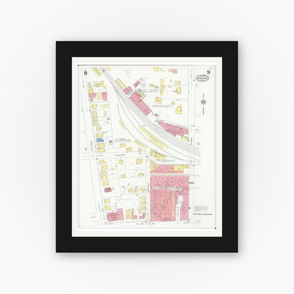 Old map wall art mockup — black gallery frame with white mat — Sanborn Fire Insurance Map from Ashland, Ashland County, Ohio (1930), Sheet #0009