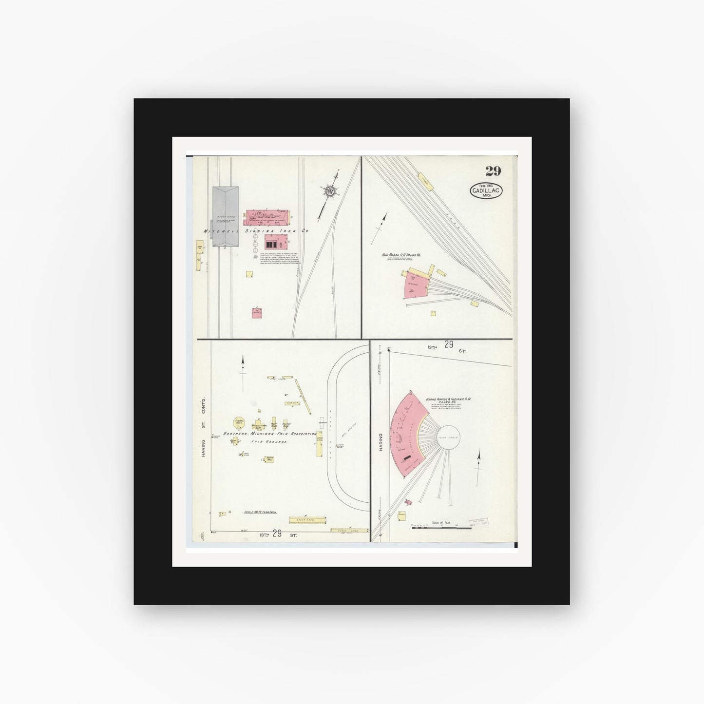 Old map wall art mockup — black gallery frame with white mat — Sanborn Fire Insurance Map from Cadillac, Wexford County, Michigan (1914), Sheet #0029