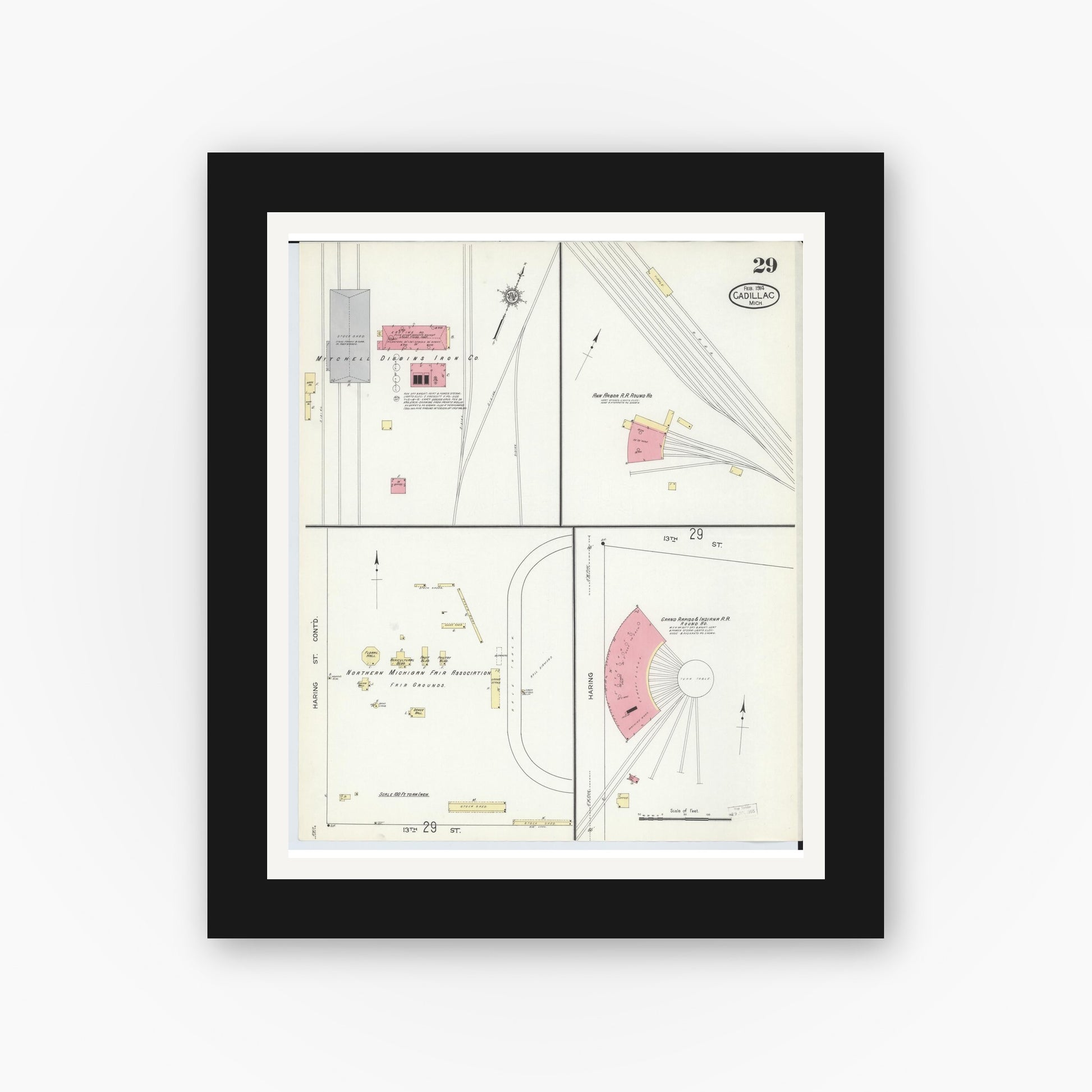 Old map wall art mockup — black gallery frame with white mat — Sanborn Fire Insurance Map from Cadillac, Wexford County, Michigan (1914), Sheet #0029