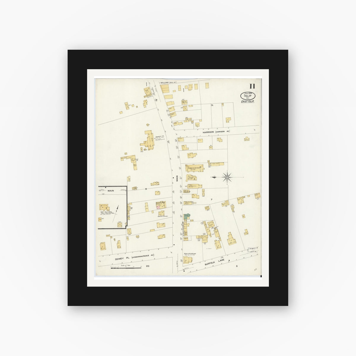 Old map wall art mockup — black gallery frame with white mat — Sanborn Fire Insurance Map from Islip, Suffolk County, New York (1909), Sheet #0011