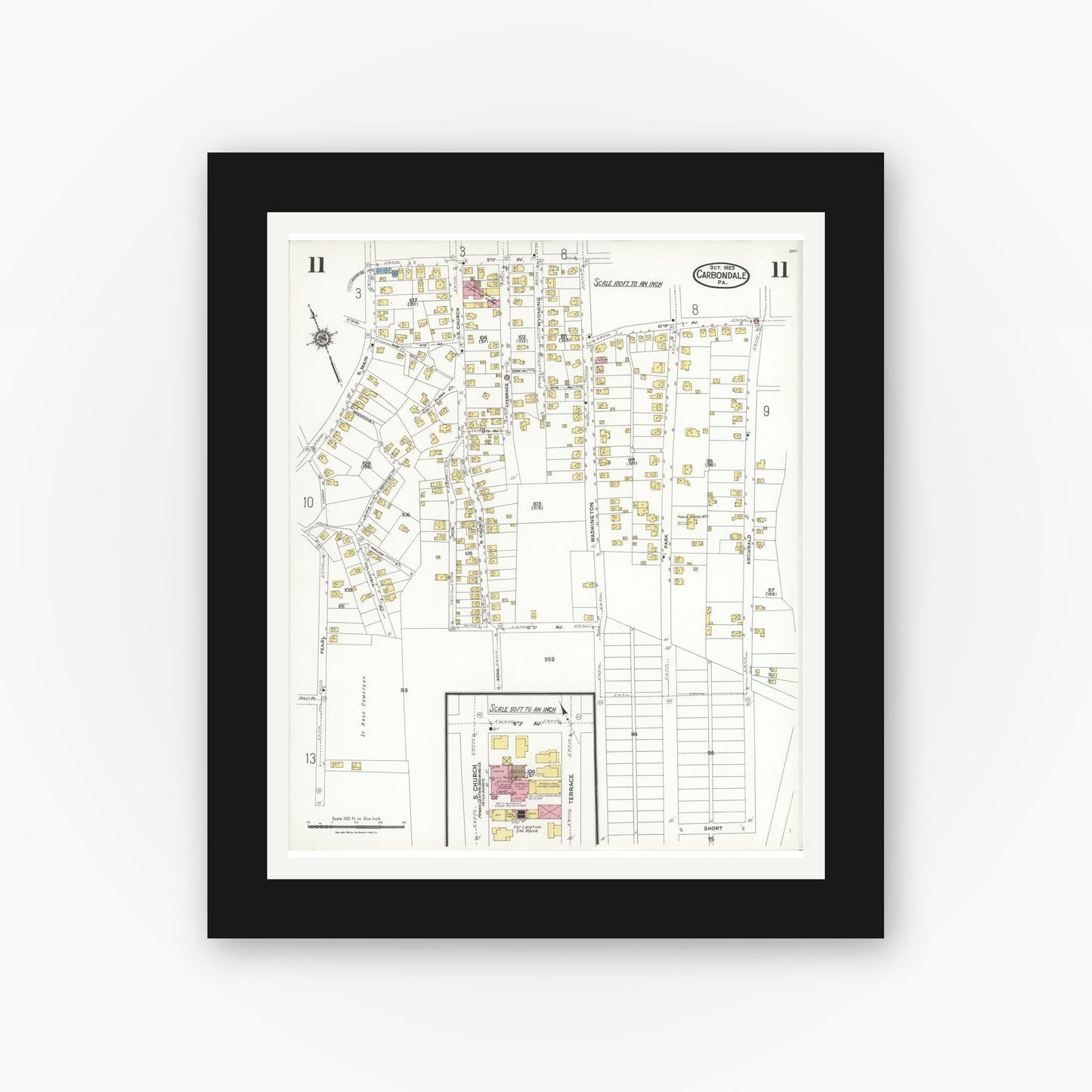 Old map wall art mockup — black gallery frame with white mat — Sanborn Fire Insurance Map from Carbondale, Lackawanna County, Pennsylvania (1923), Sheet #0011