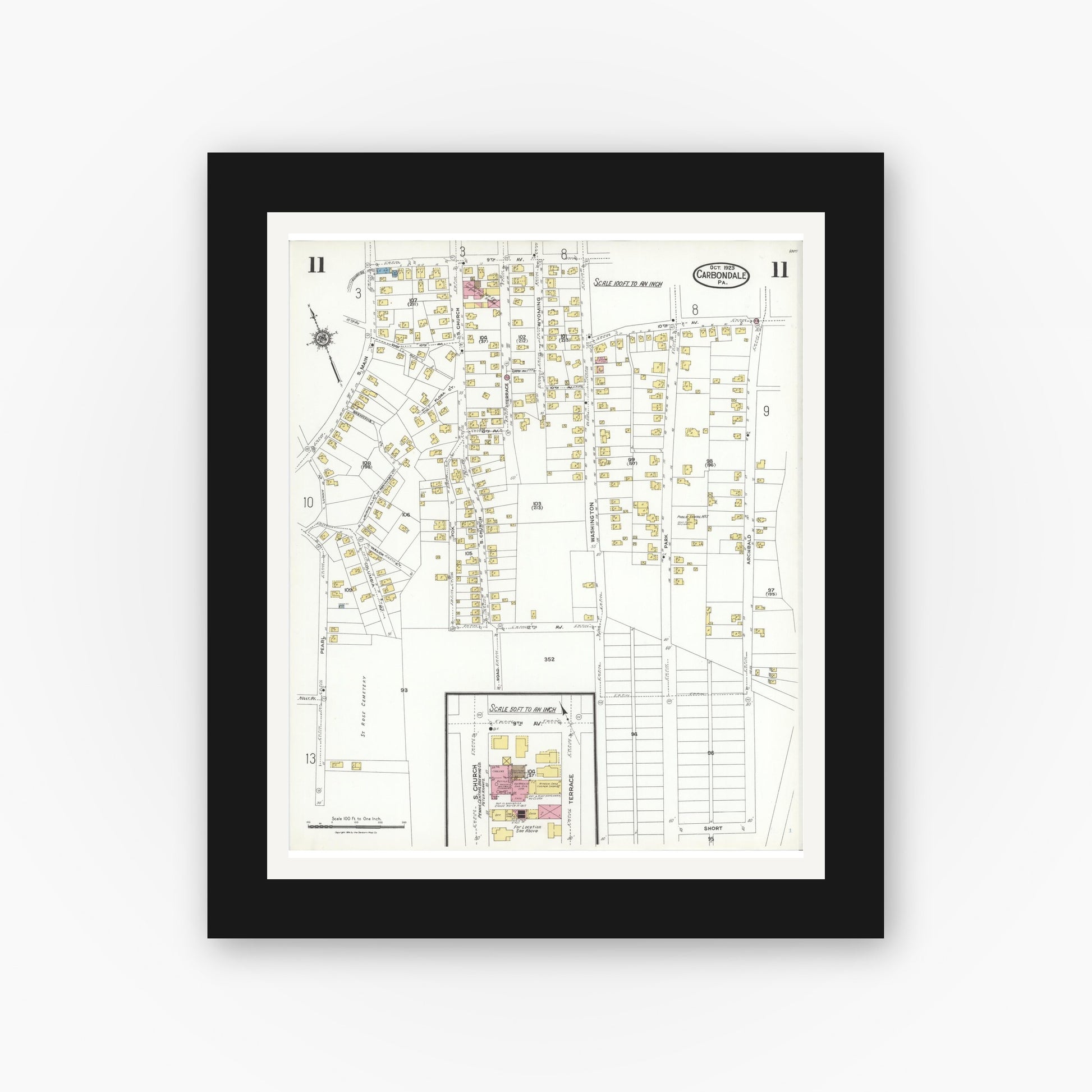 Old map wall art mockup — black gallery frame with white mat — Sanborn Fire Insurance Map from Carbondale, Lackawanna County, Pennsylvania (1923), Sheet #0011