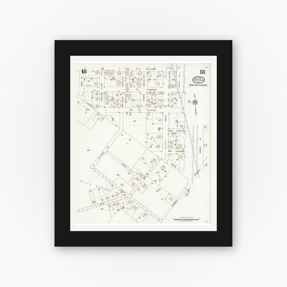 Old map wall art mockup — black gallery frame with white mat — Sanborn Fire Insurance Map from Bryan, Brazos County, Texas (1925), Sheet #0018