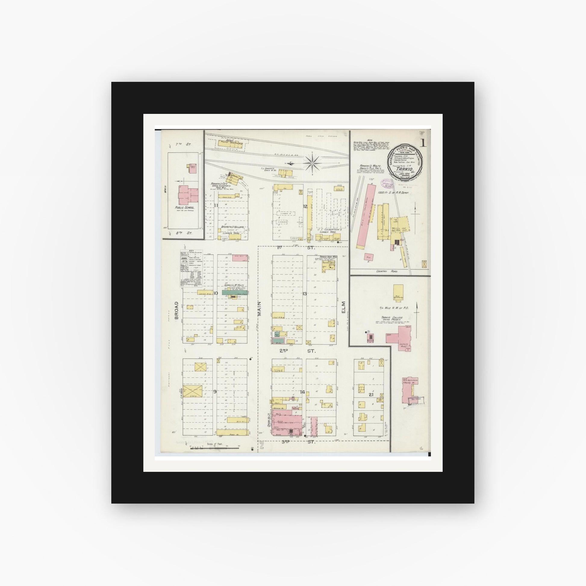 Old map wall art mockup — black gallery frame with white mat — Sanborn Fire Insurance Map from Tarkio, Atchison County, Missouri (1894) - Complete Map Set