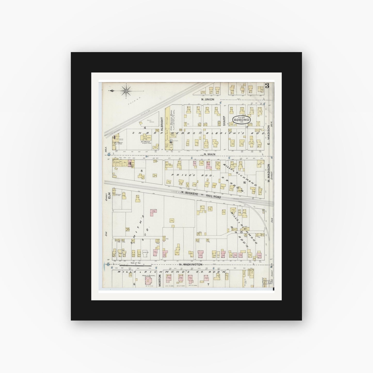 Old map wall art mockup — black gallery frame with white mat — Sanborn Fire Insurance Map from Kokomo, Howard County, Indiana (1889), Sheet #0003