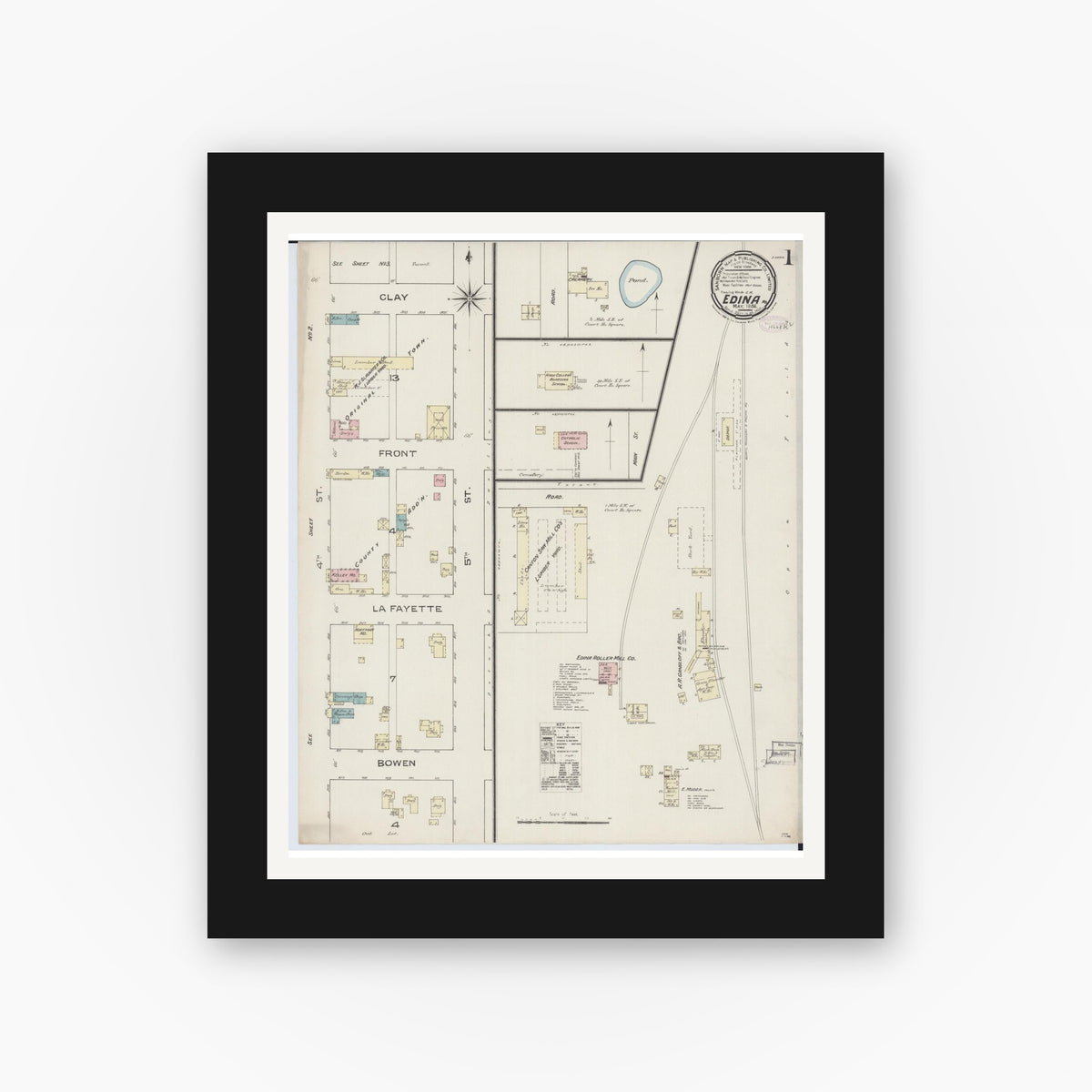 Old map wall art mockup — black gallery frame with white mat — Sanborn Fire Insurance Map from Edina, Knox County, Missouri (1886) - Complete Map Set