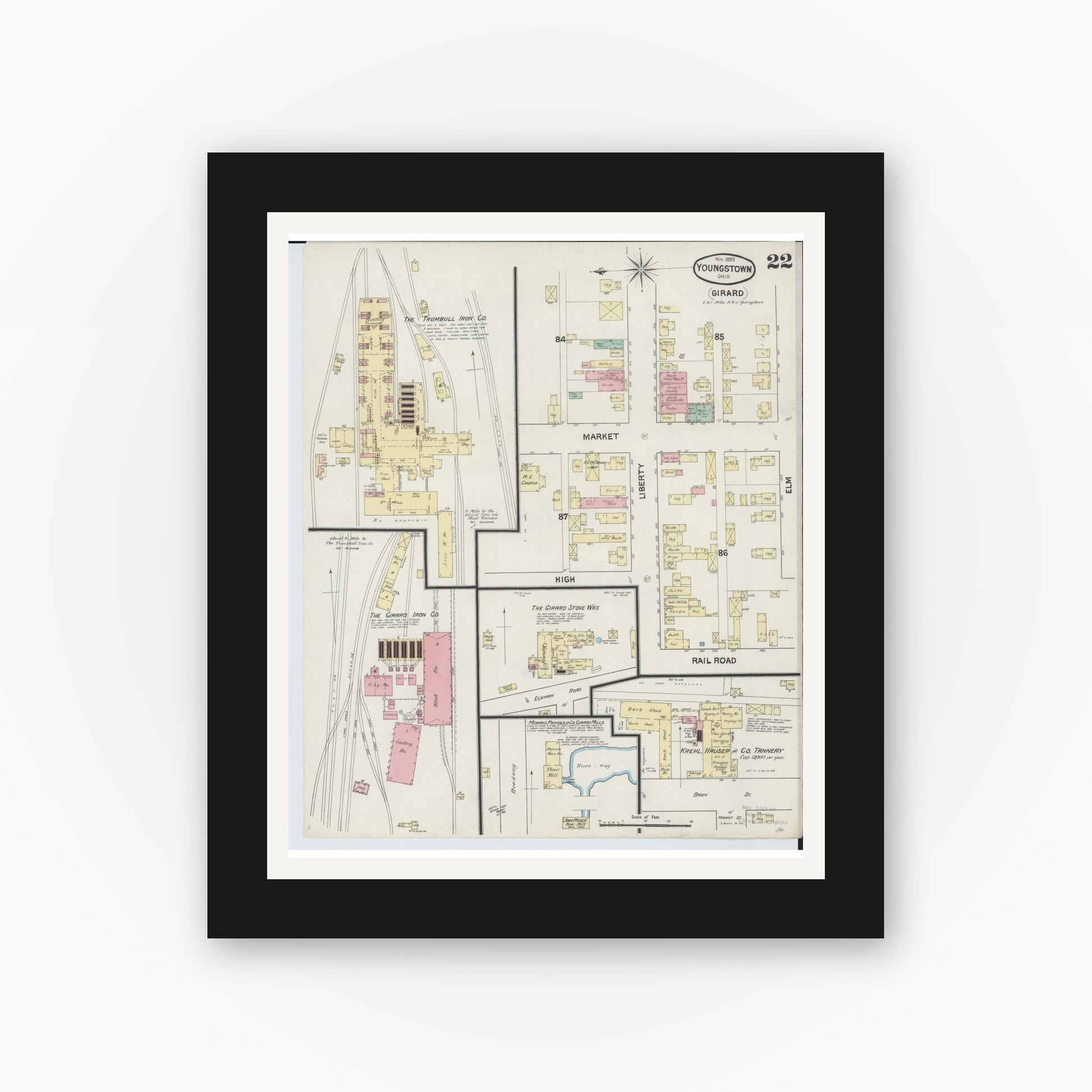 Old map wall art mockup — black gallery frame with white mat — Sanborn Fire Insurance Map from Youngstown, Mahoning County, Ohio (1889), Sheet #0022