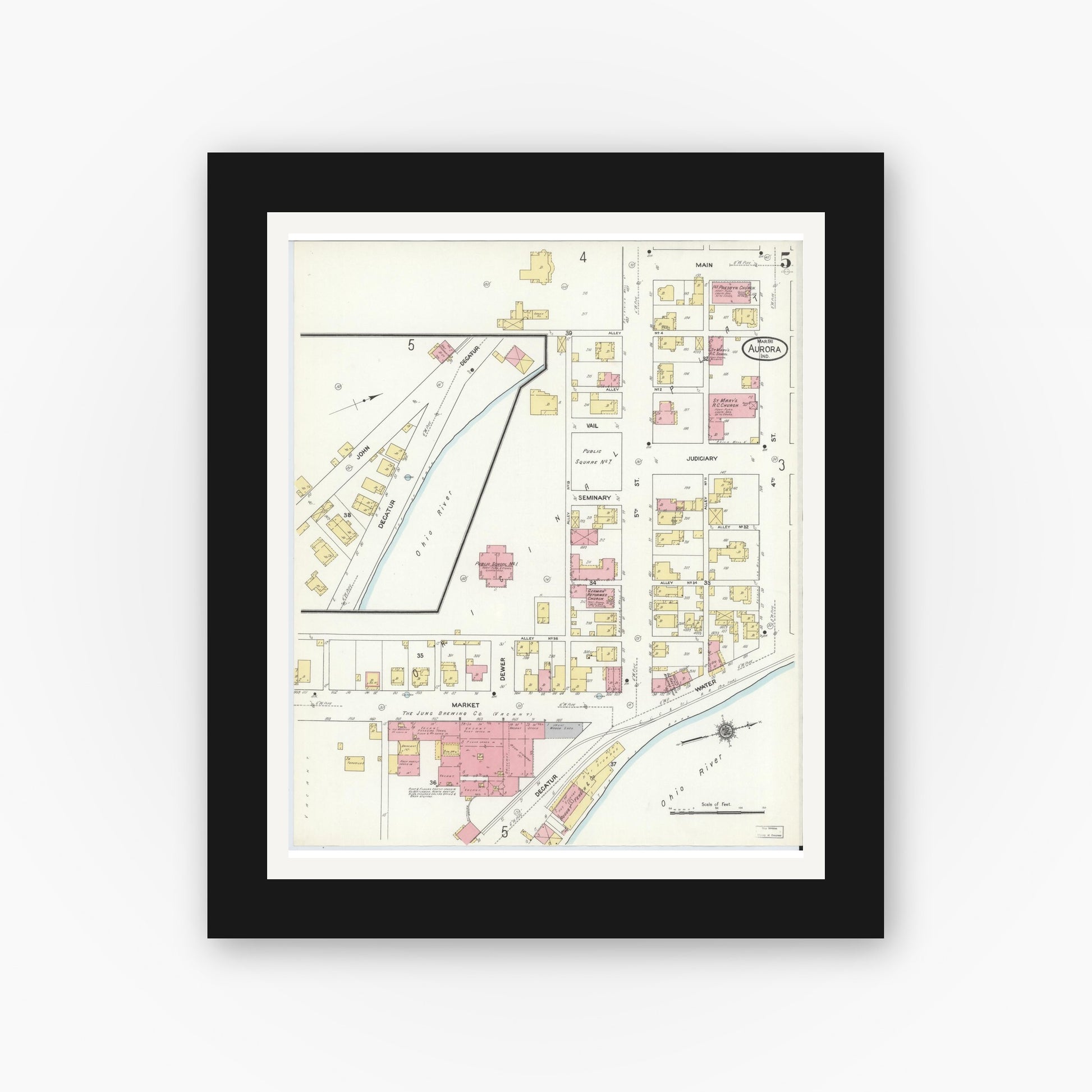 Old map wall art mockup — black gallery frame with white mat — Sanborn Fire Insurance Map from Aurora, Dearborn County, Indiana (1911), Sheet #0005